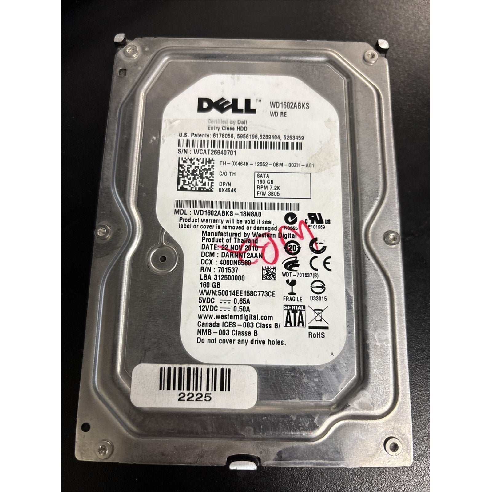 Western Digital WD1602ABKS 160GB 3.5 In. SATA HDD Dell P/N: 0X464K F/W: 3B05
