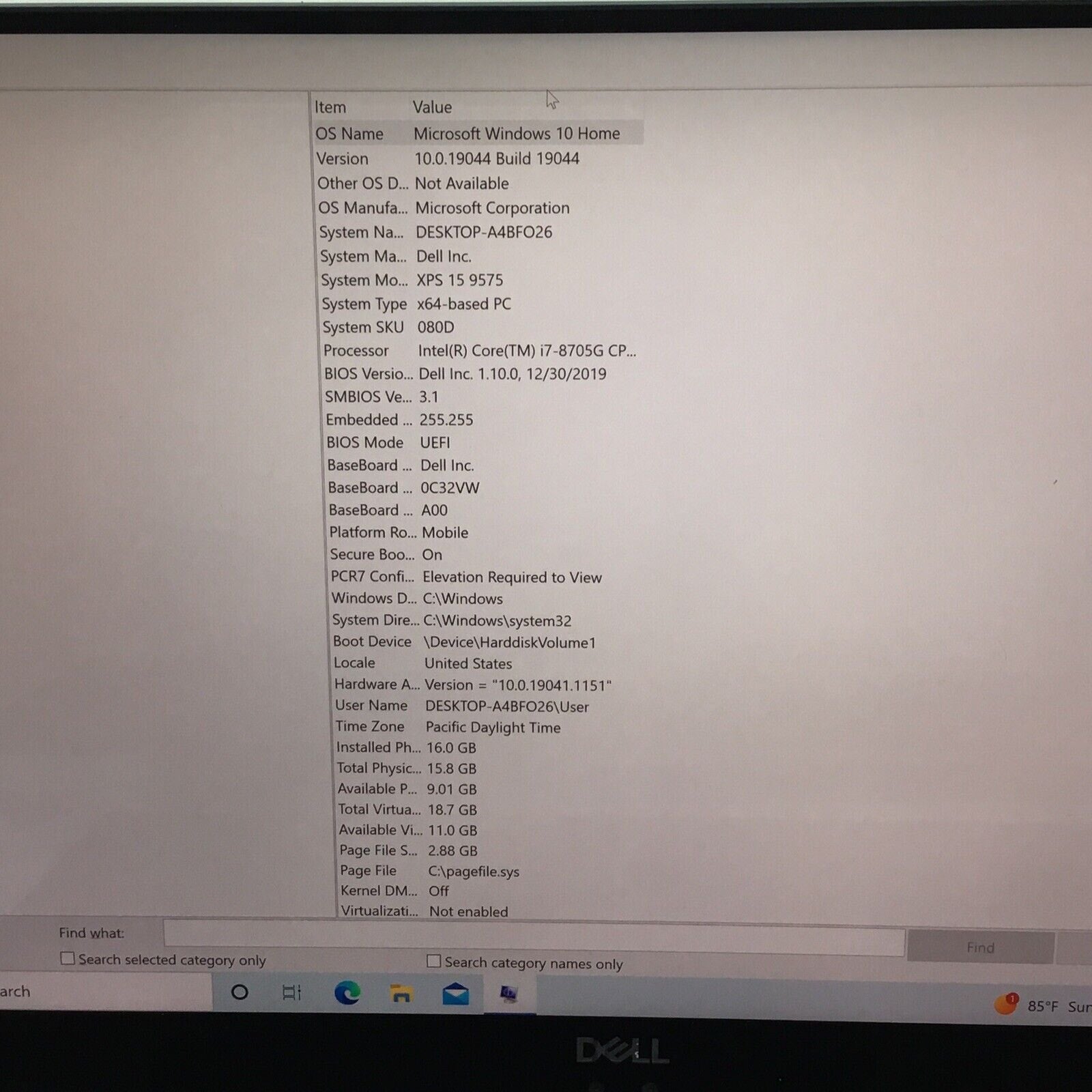 Dell XPS 15 9575 15" UHD 4K Touch I7-8705G 512GB SSD Intel HD Graphics 630 16GB