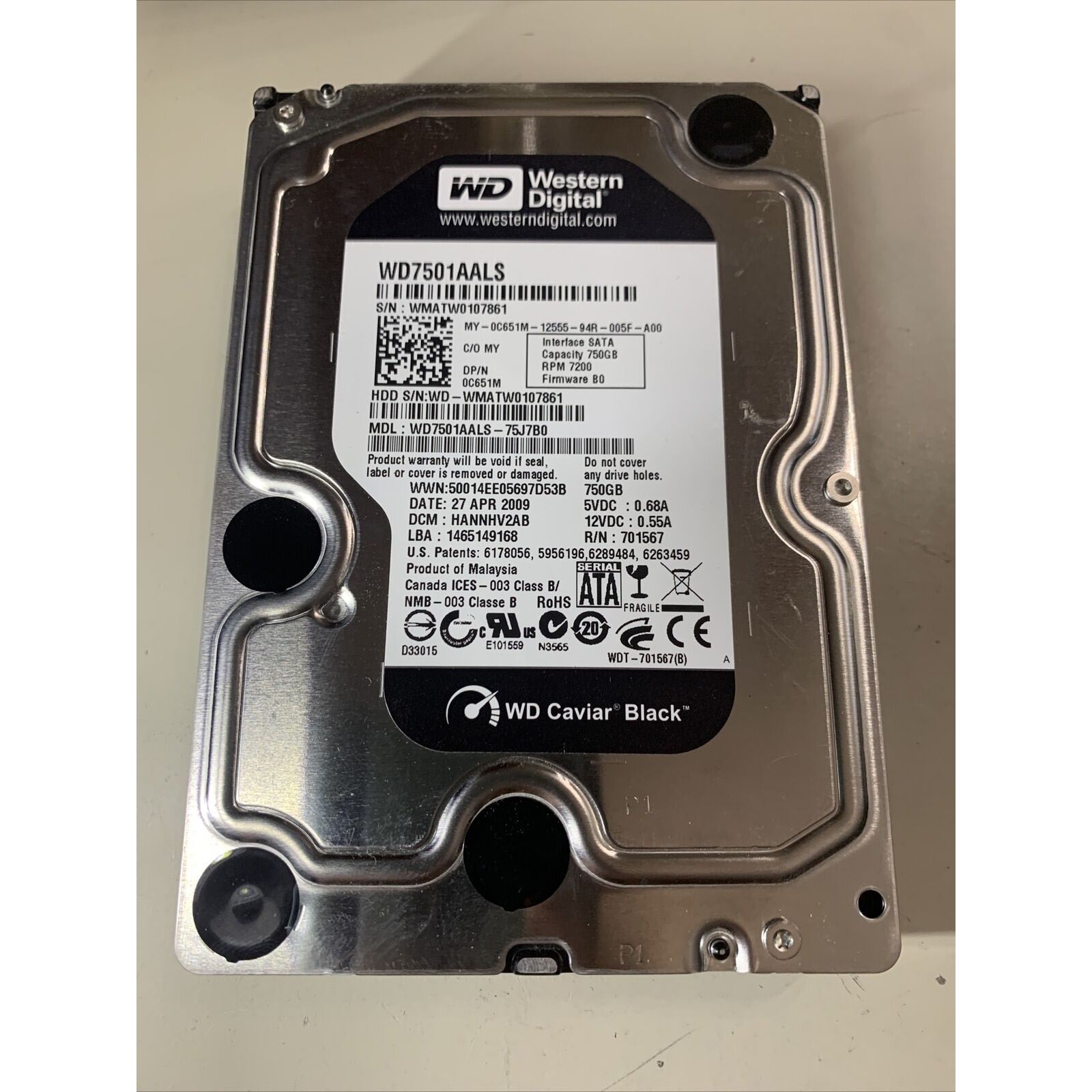 WD Caviar BLACK 750GB 7200RPM SATA 3.5" Hard Drive WD7501AALS 2060-701567-000