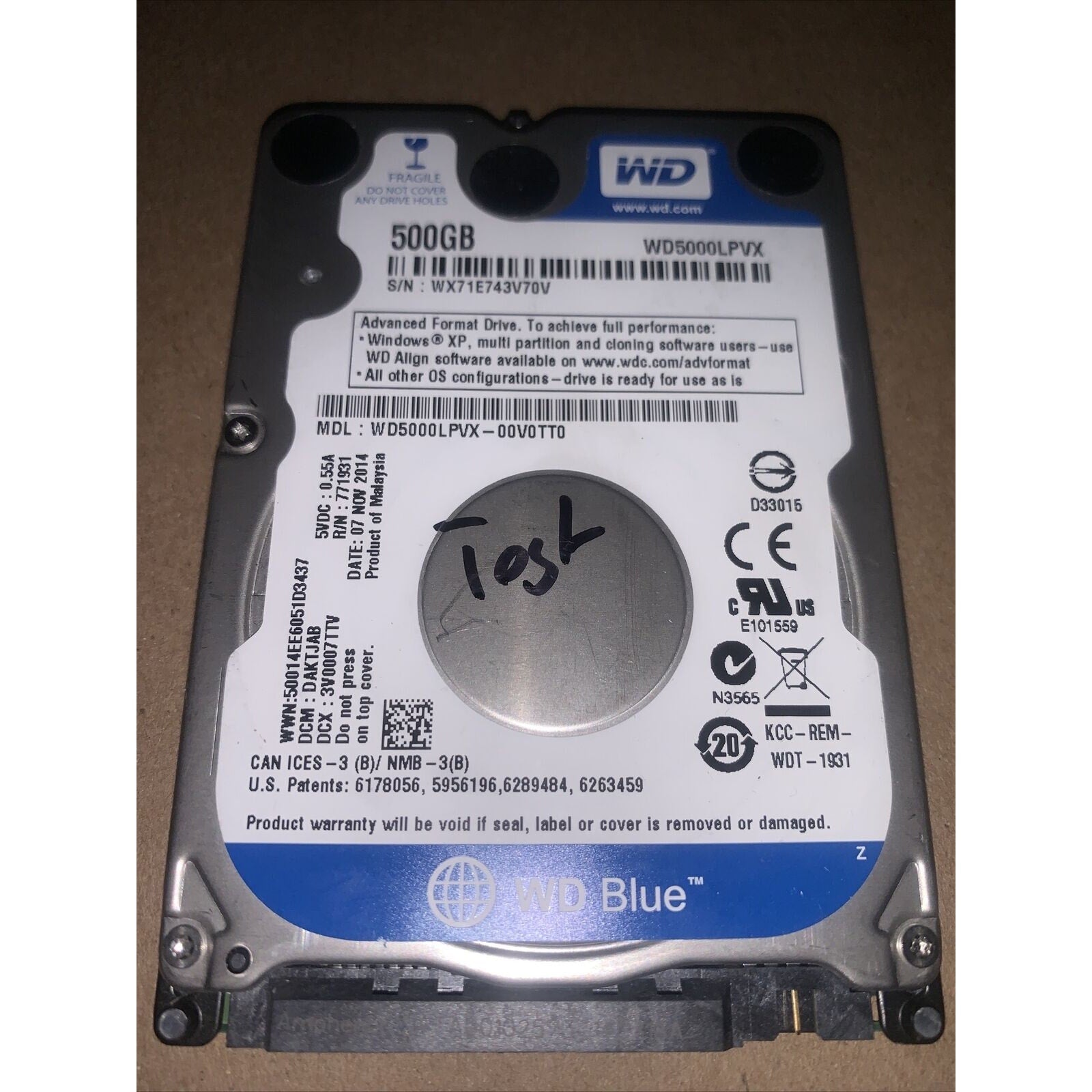 WESTERN DIGITAL 500GB 2.5" SATA 5400RPM LAPTOP PC HD HARD DRIVE WD5000LPVX