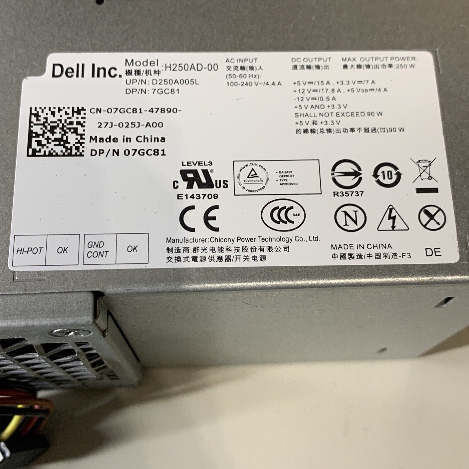 Dell 7GC81 07GC81 250W Desktop Power Supply H250AD-00 D250A005L