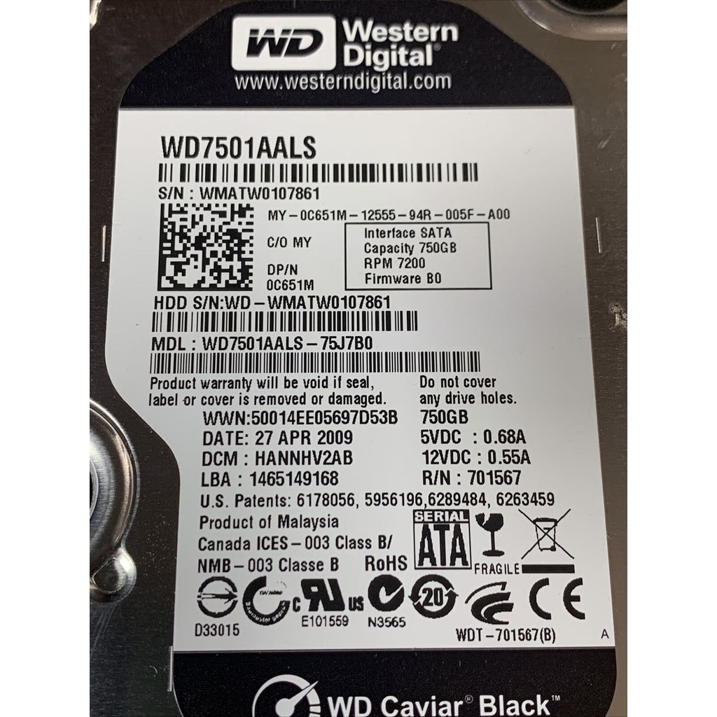 WD Caviar BLACK 750GB 7200RPM SATA 3.5" Hard Drive WD7501AALS 2060-701567-000
