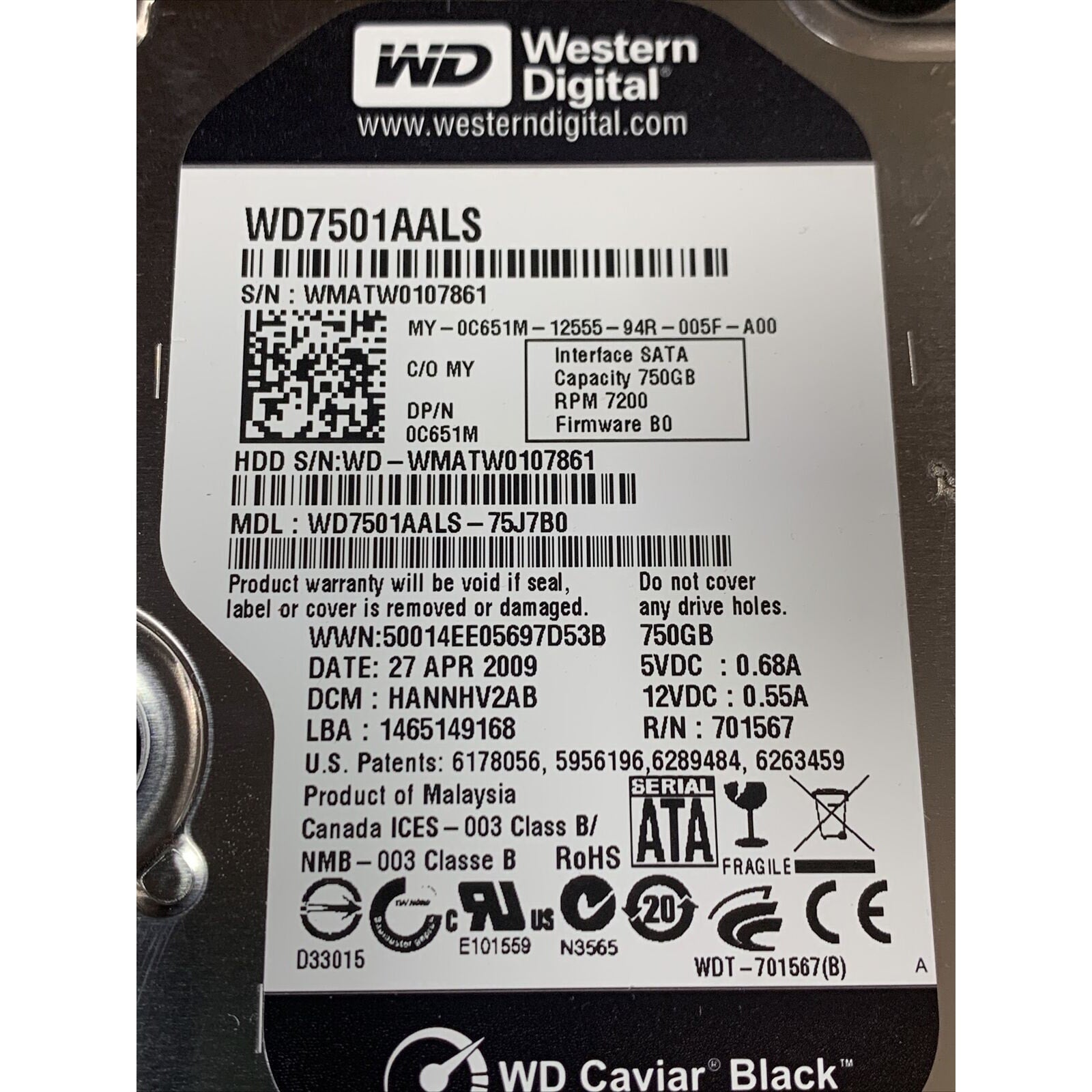 WD Caviar BLACK 750GB 7200RPM SATA 3.5" Hard Drive WD7501AALS 2060-701567-000