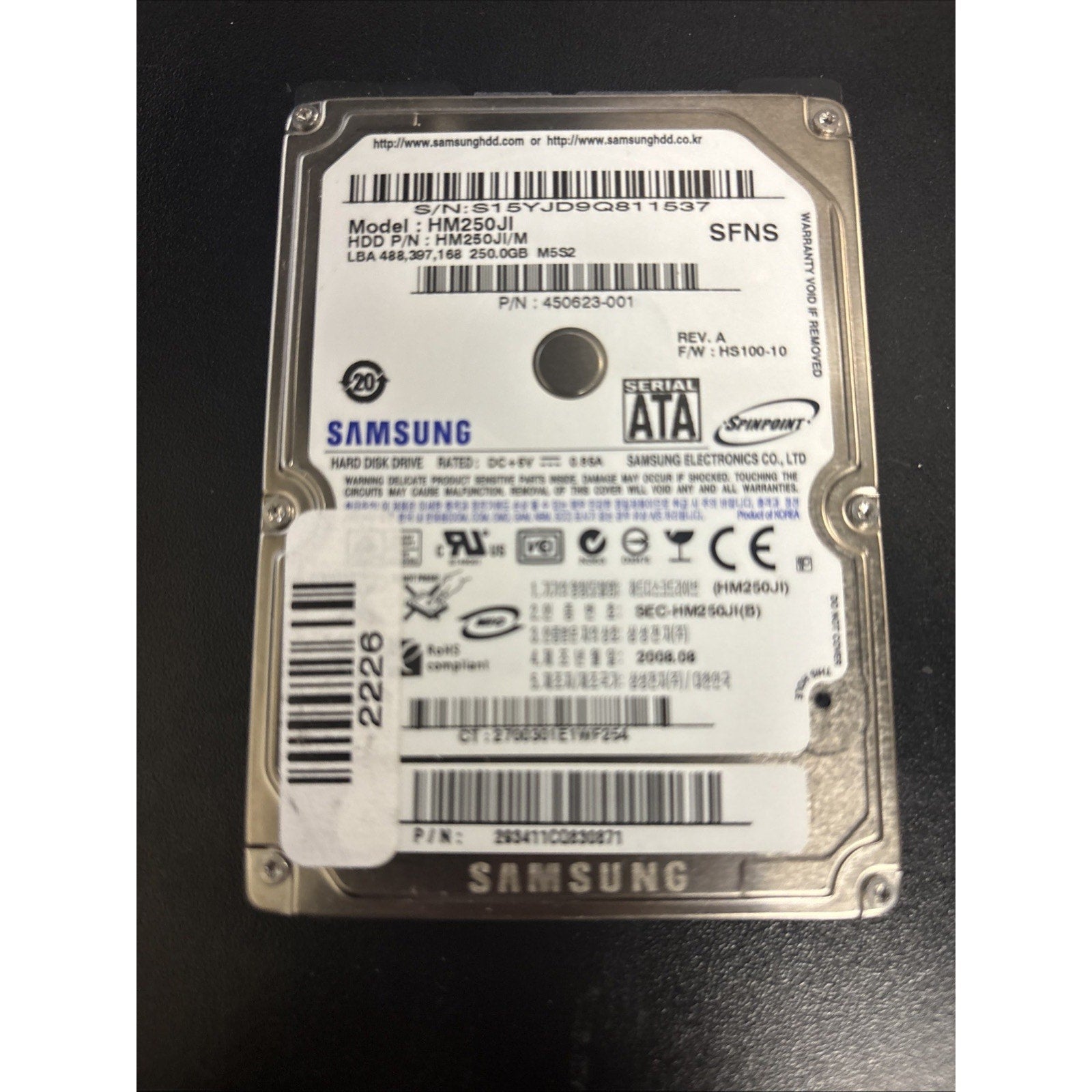 Samsung HM250JI PN: HM250JI/M FW: HS100-10 AUG 2008, 250Gb 2.5" SATA HDD SFNS