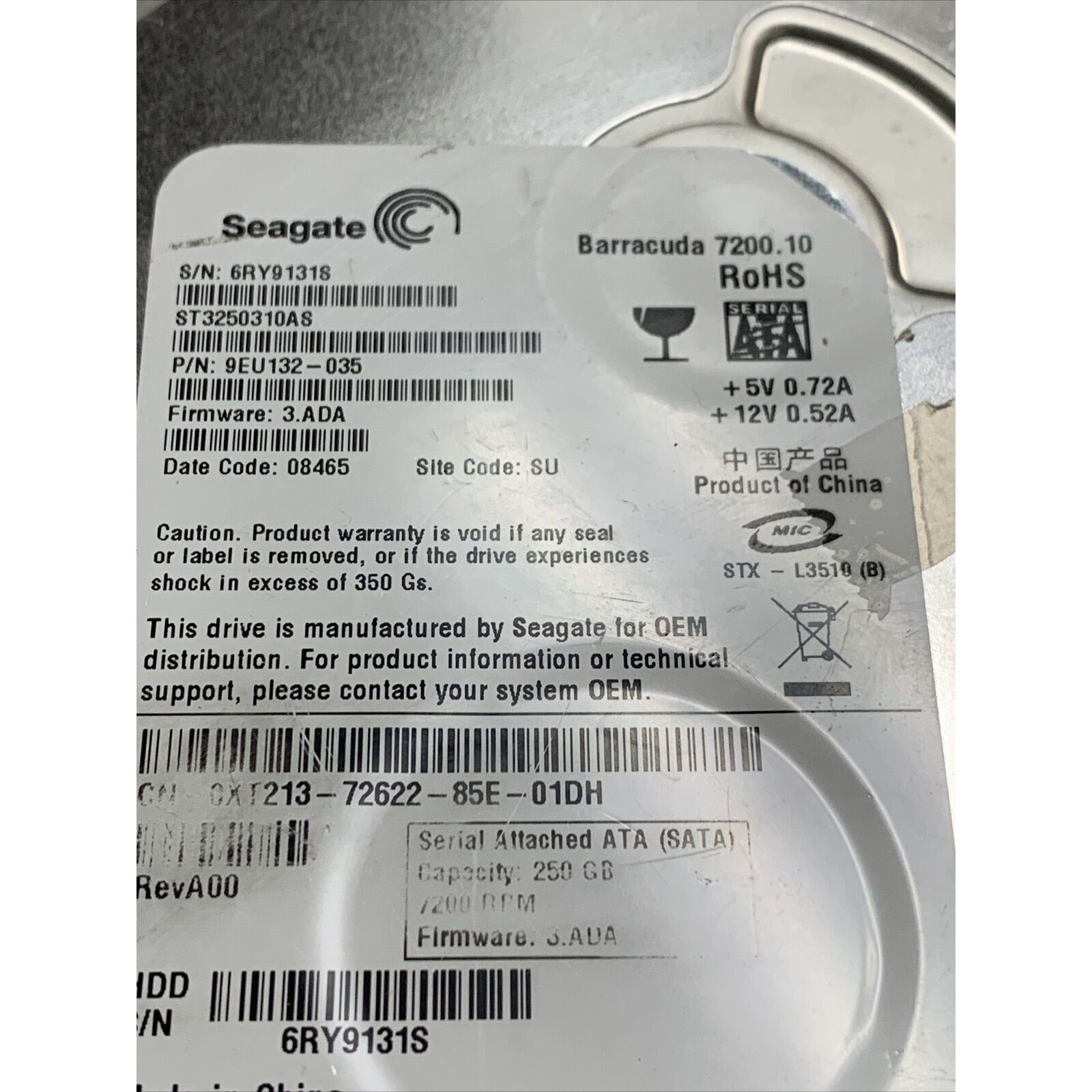 Hard Drive 250 GB Seagate Barracuda ST3250310AS 3.5" Desktop SATA 7200RPM