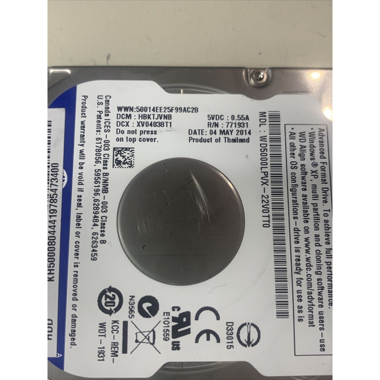 WD WD5000LPVX-22V0TT0 dcm: HBKTJVNB 2014 500GB SATA 2.5" Laptop Hard Drive