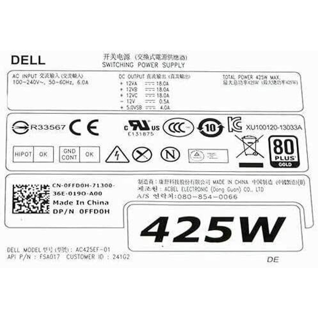 425W Power Supply for Dell Precision T3610 T5610 T5810 DNR74 CN-0DNR74 D425EF-02