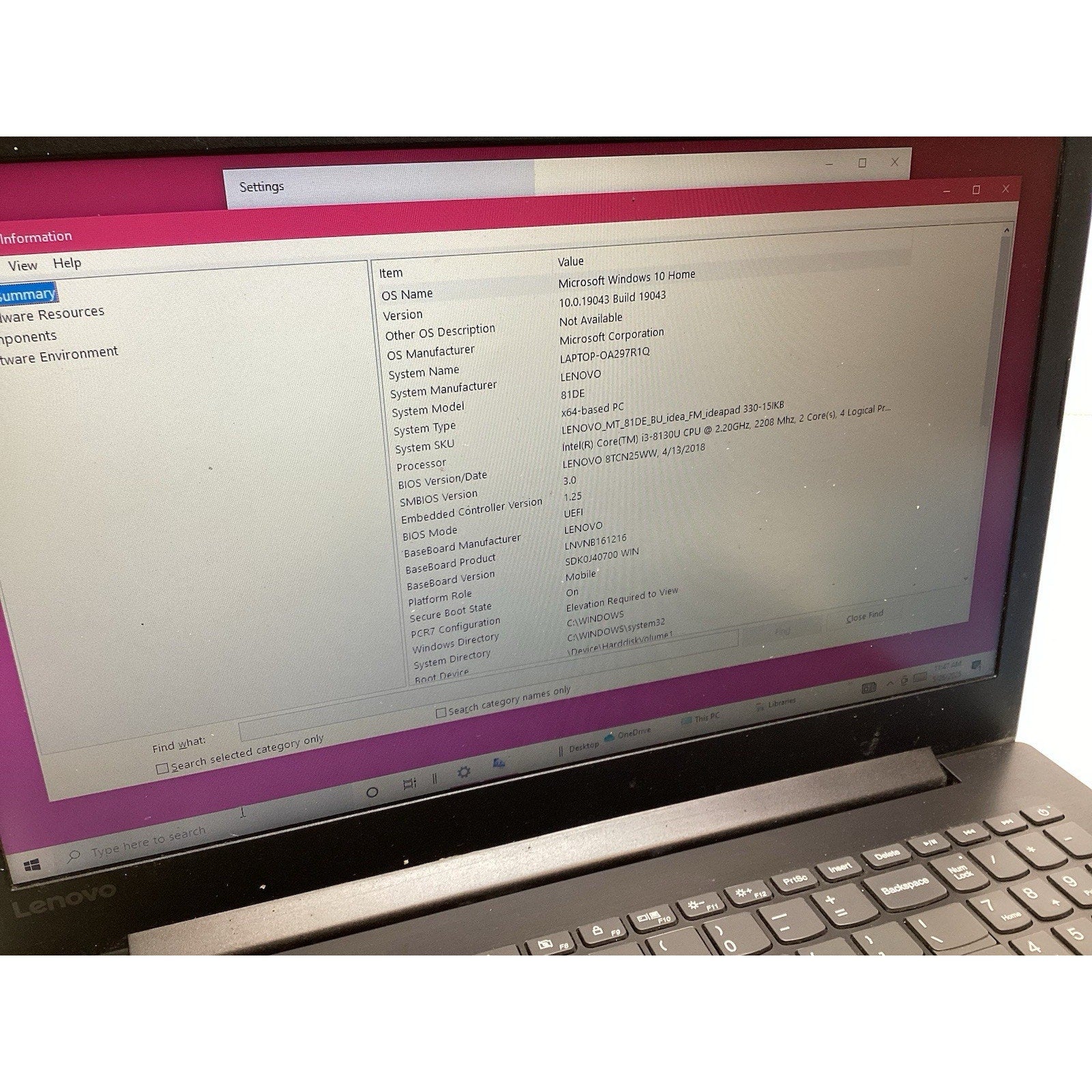 Lenovo IdeaPad 330S-15IKB 15.6" Laptop i3-8130U 2.20GHz 4GB RAM Win 10