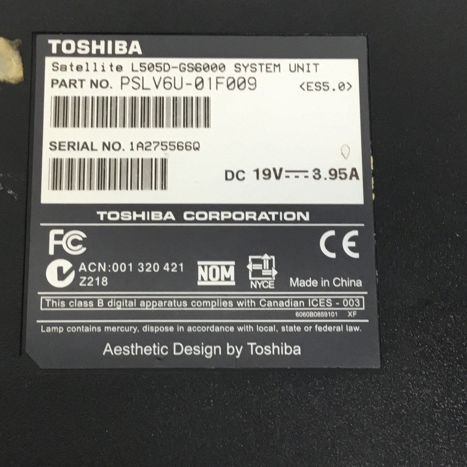 TOSHIBA Satellite L505D-GS6000 AMD Vision 15.6” 4 GB No HDD No Adapter