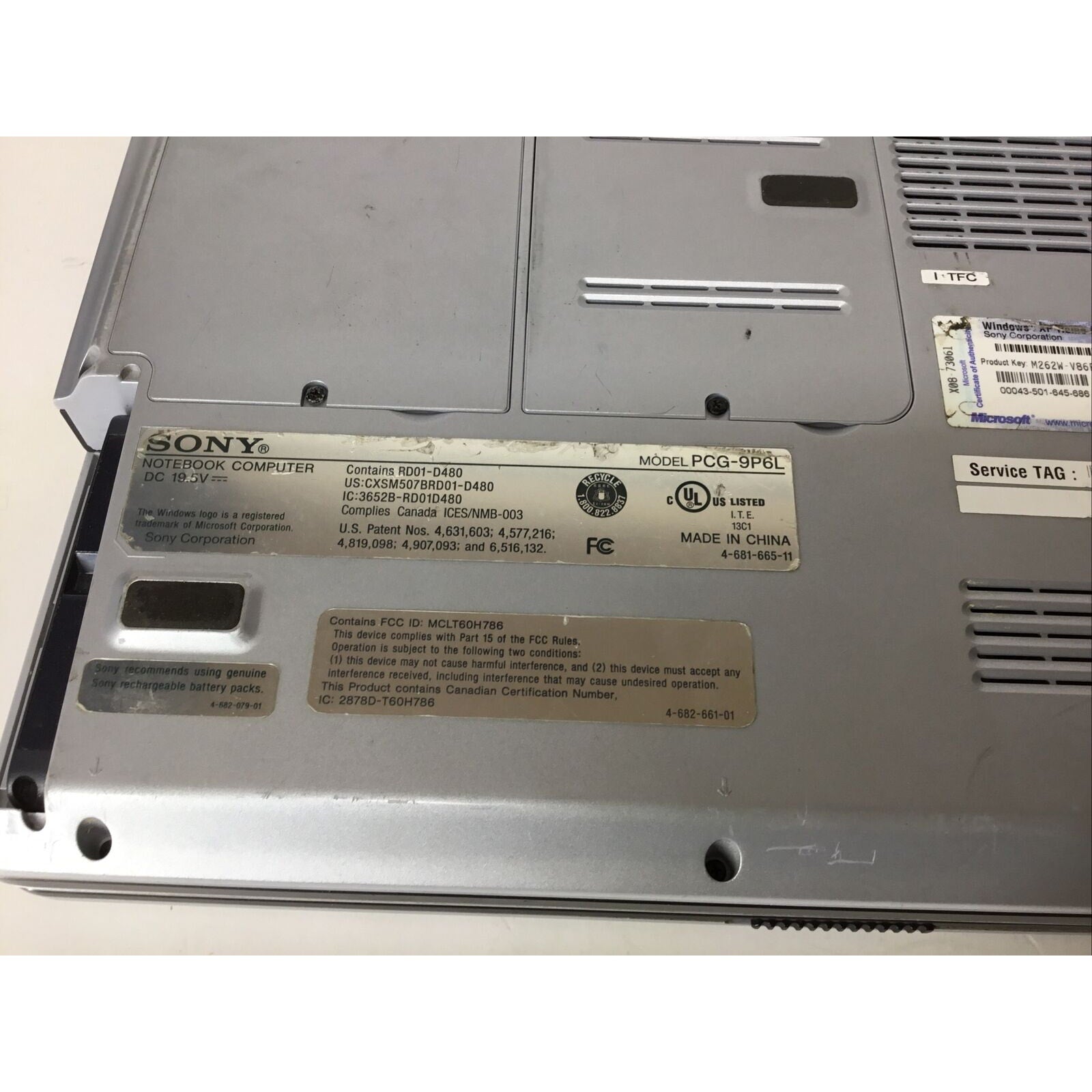 Sony Vaio Notebook Computer PCG-9P6L -Not Tested, For Parts