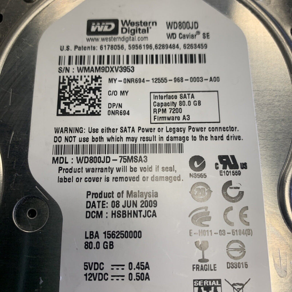 Western Digital WD800JD-75MSA3 HSBHNTJCA 3.5" HDD 80GB 3.5” SATA HDD