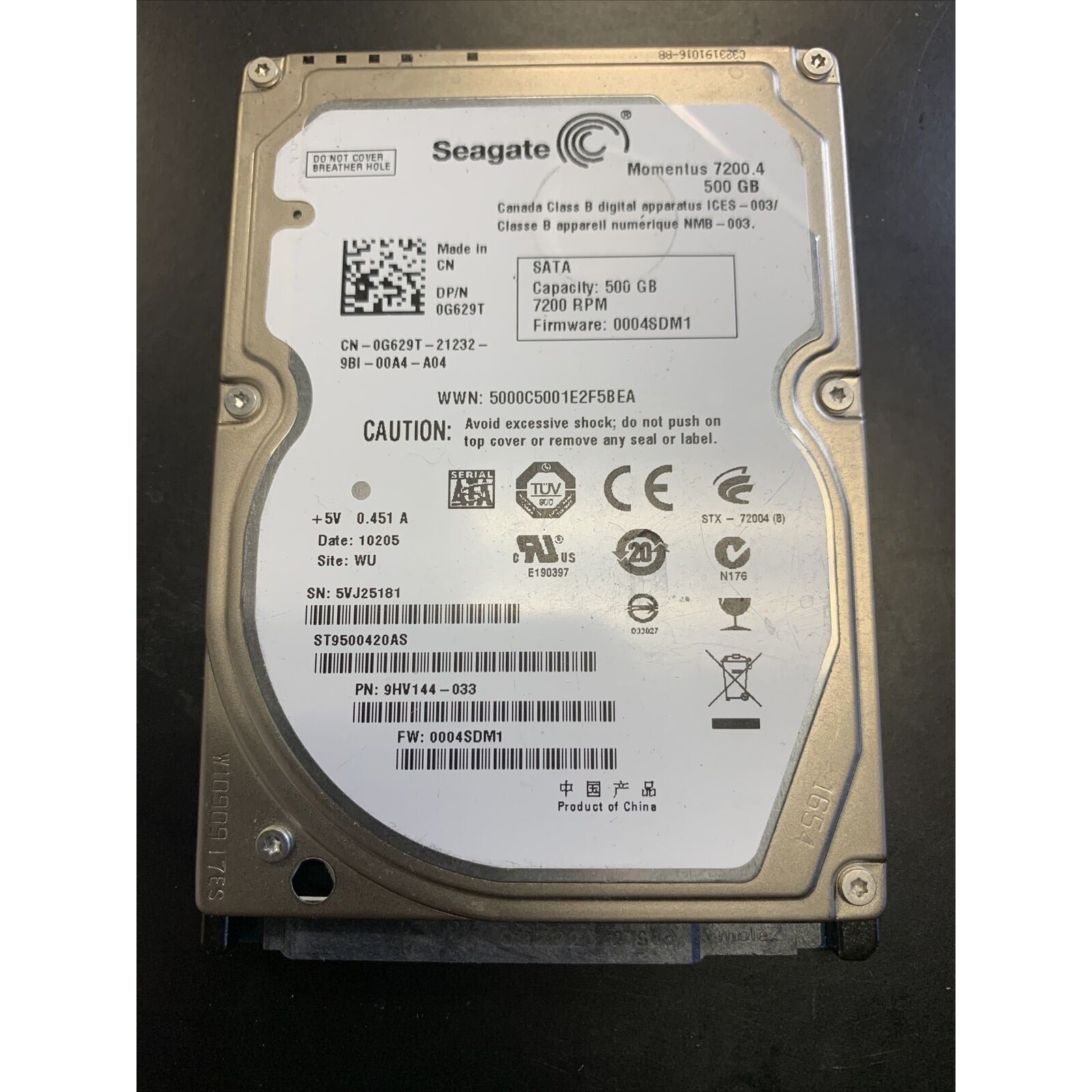 Seagate 500GB SATA 2.5" 7200RPM HDD Hard Drive ST9500420AS 9HV144-033 Dell G629T