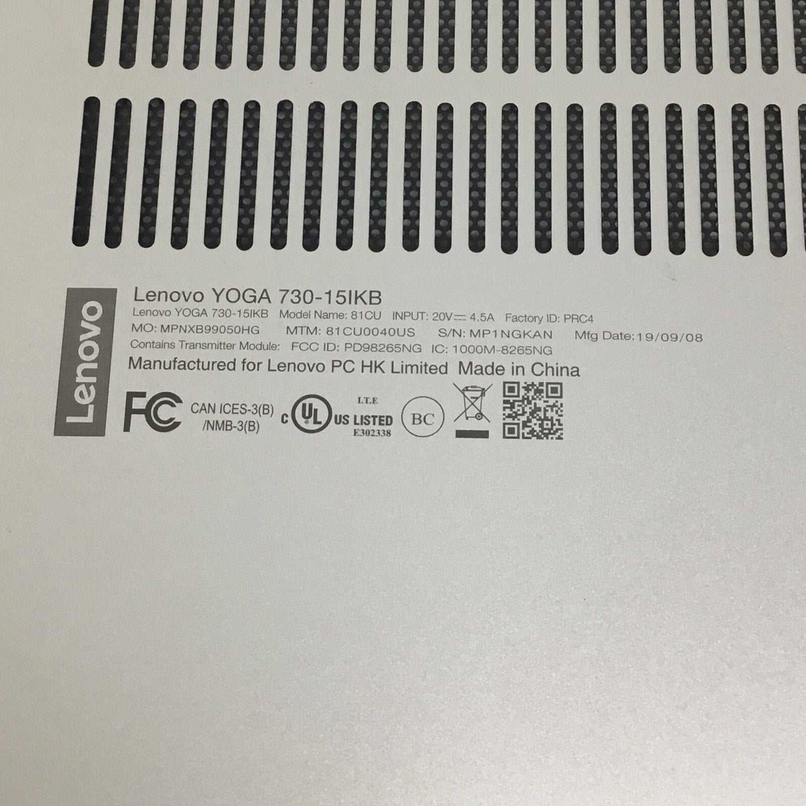 Lenovo Yoga 15.6" 730-15IKB OEM Bottom Case Silver AM27G000D10