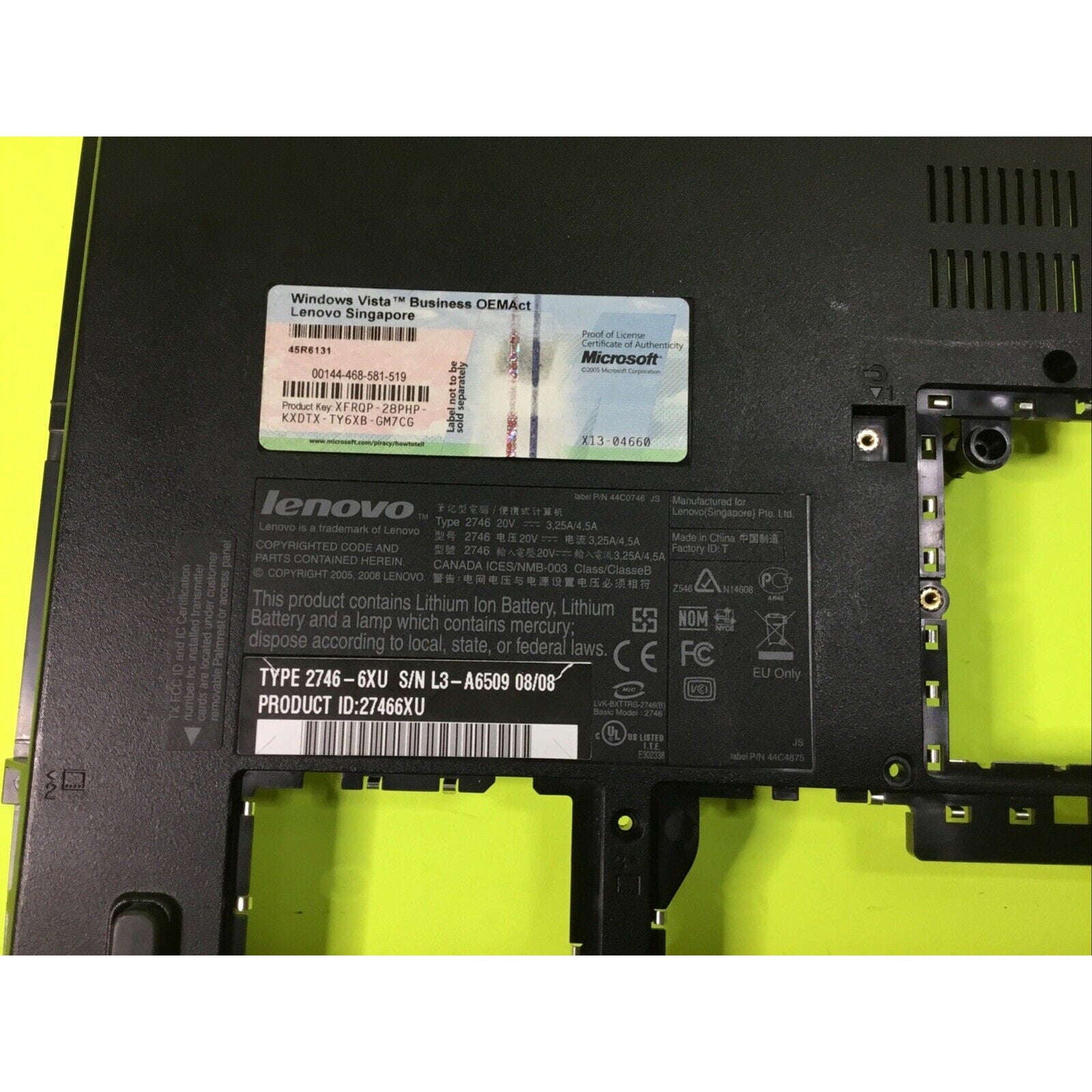 Lenovo SL500 2746 Genuine Bottom Base Case 45N5599 13N0-5FA0E01 43Y9706 GRADE A