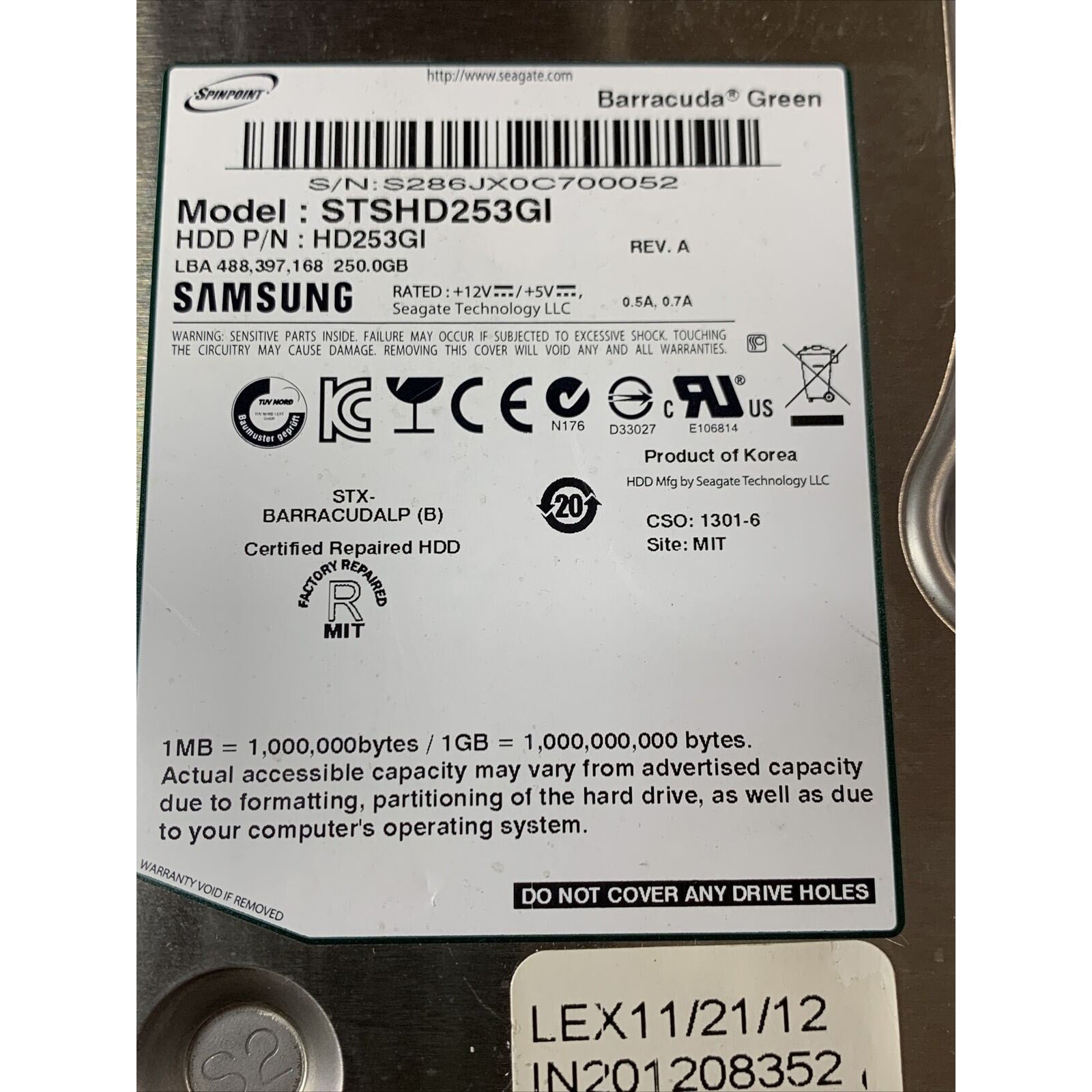 Samsung 250GB 7200 RPM 3.5" SATA Desktop Hard Drive STSHD253GI / HD253GI