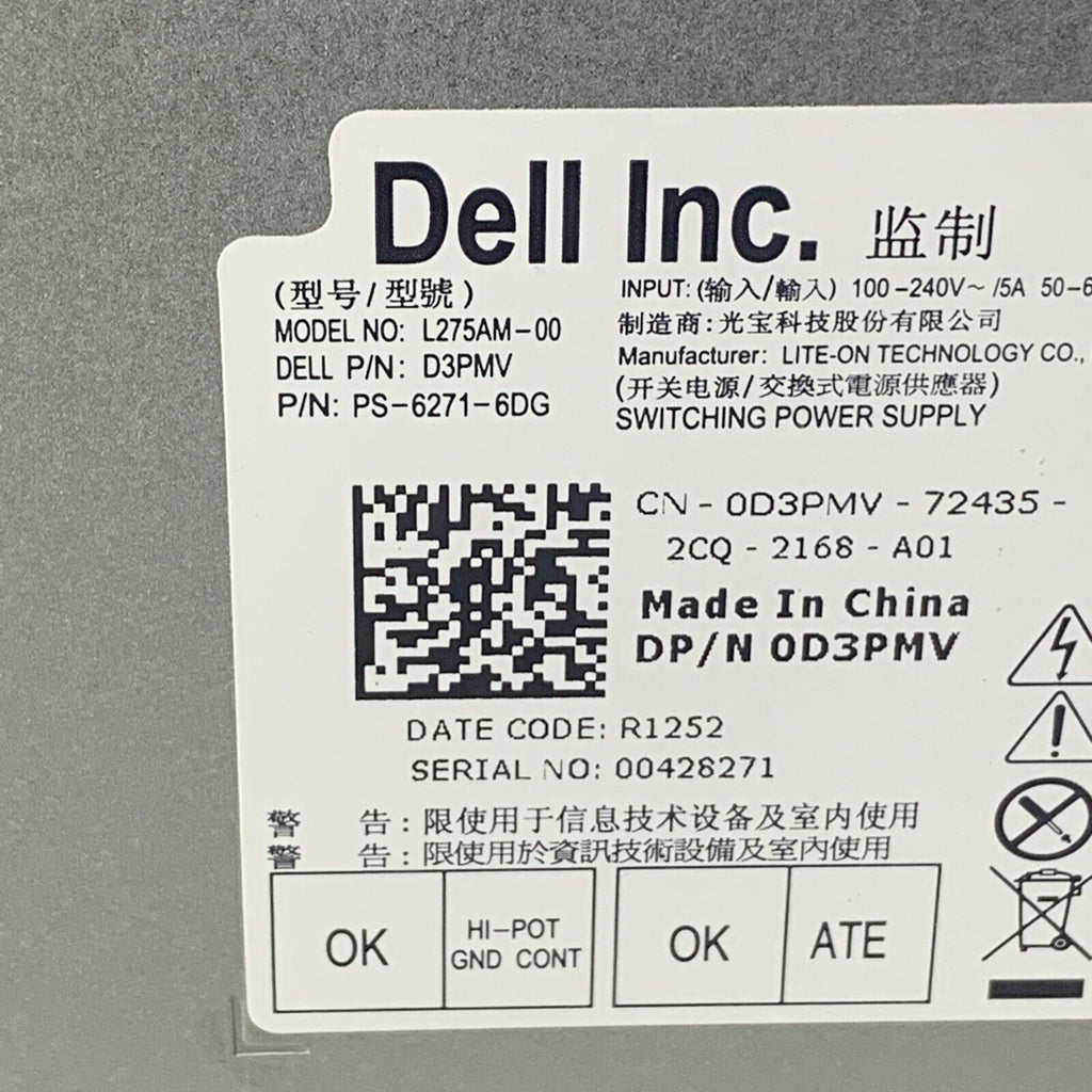 Dell Optiplex 275W PSU 390 3010 7010 9010 L275AM-00 D3PMV 0D3PMV PS-6271-6DG
