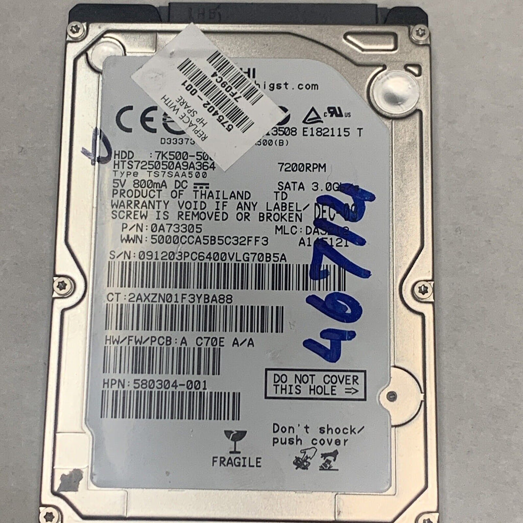 HITACHI 500GB Laptop Hard Drive HDD 2.5" 7200RPM SATA 3Gb/s 16MB Cache 7K500-500