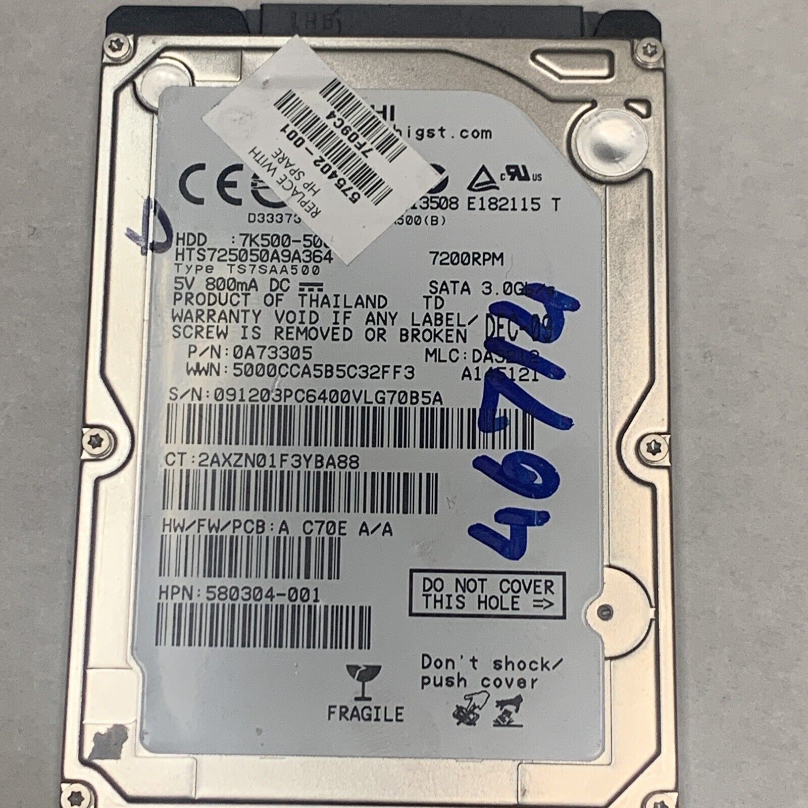HITACHI 500GB Laptop Hard Drive HDD 2.5" 7200RPM SATA 3Gb/s 16MB Cache 7K500-500