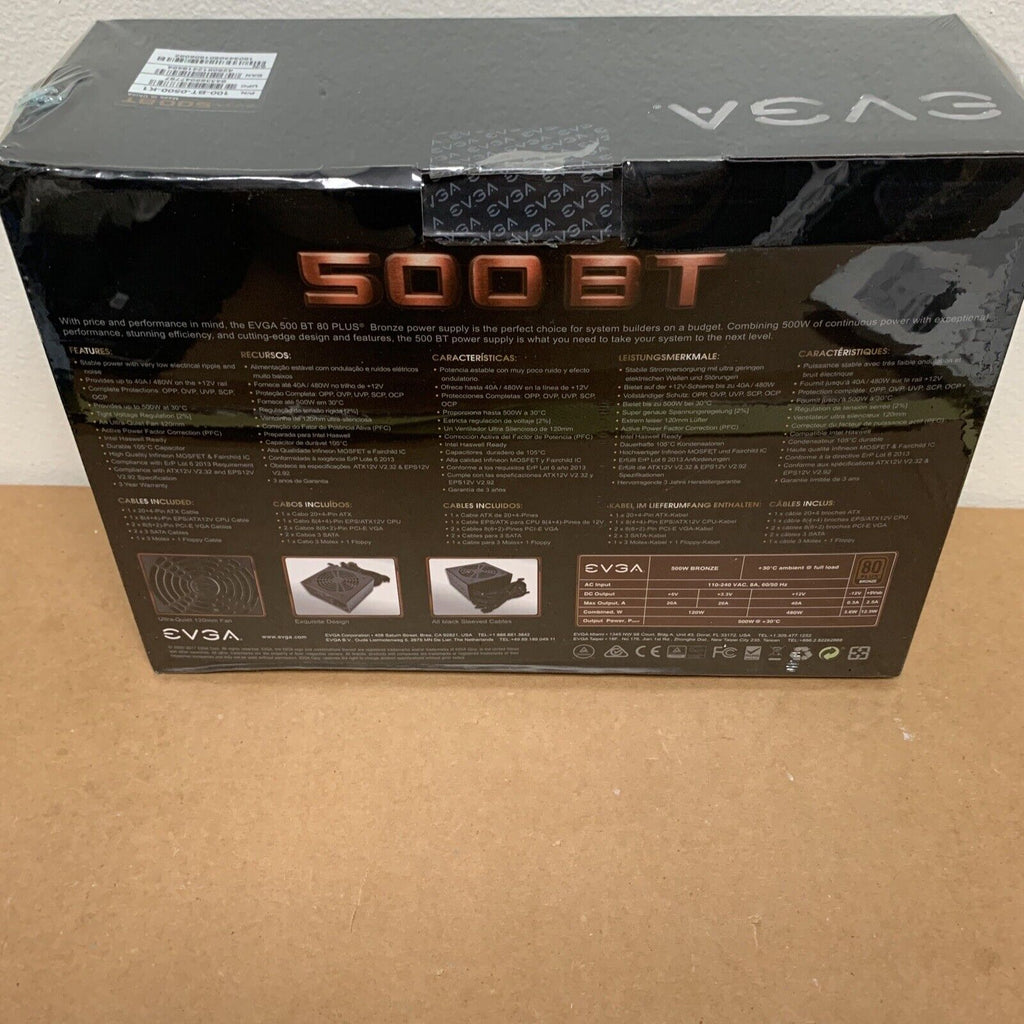 EVGA 500 BT, 80+ Bronze, 500W, Power Supply 100-BT-0500-K1 - Brand New