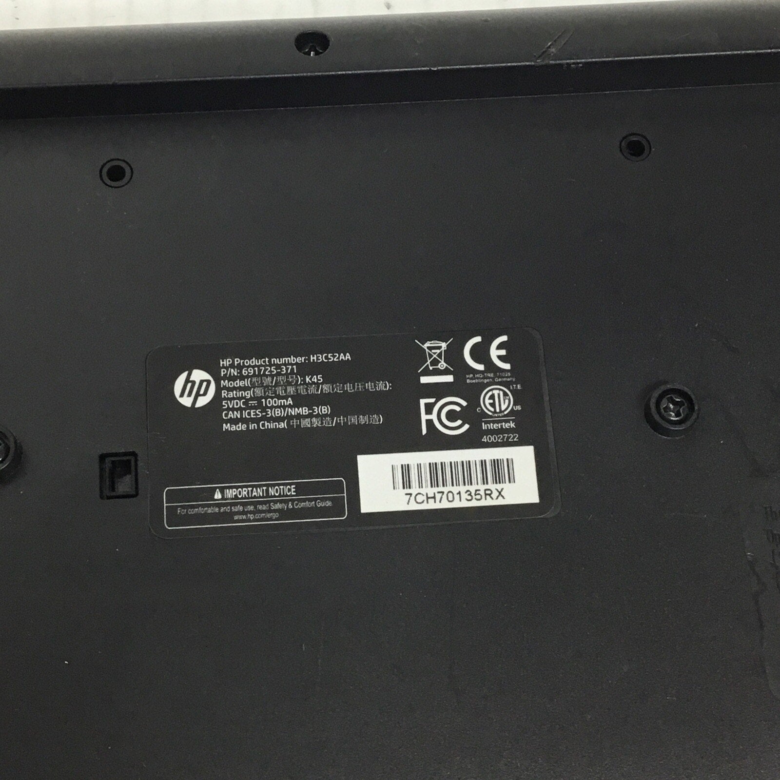 HP Black USB Wired Keyboard K45 691725-371 H3C52AA