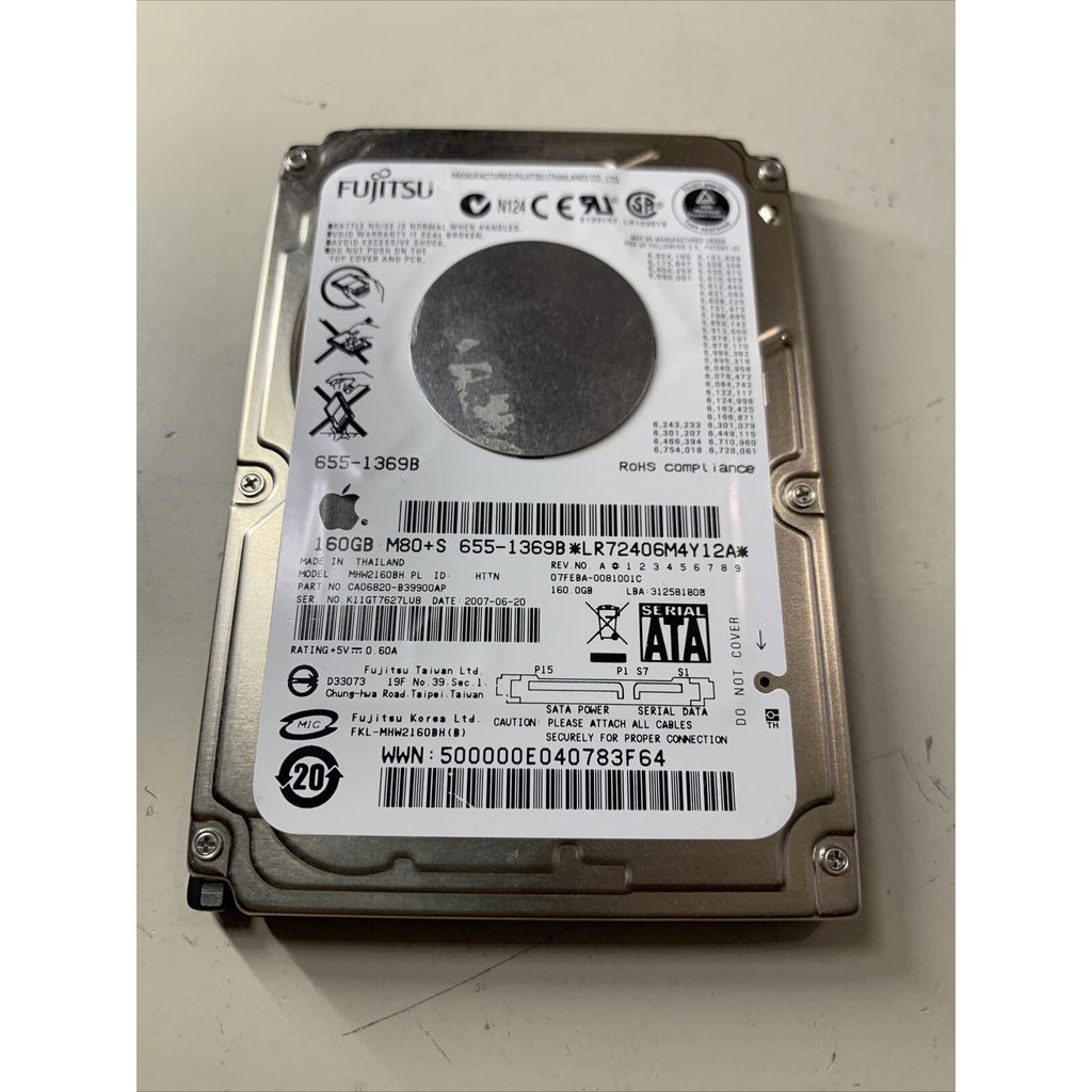 Fujitsu MHW2160BH PL 160GB 2.5" SATA Apple HDD 655-1369B 07FD9A CA06820-B39900AP
