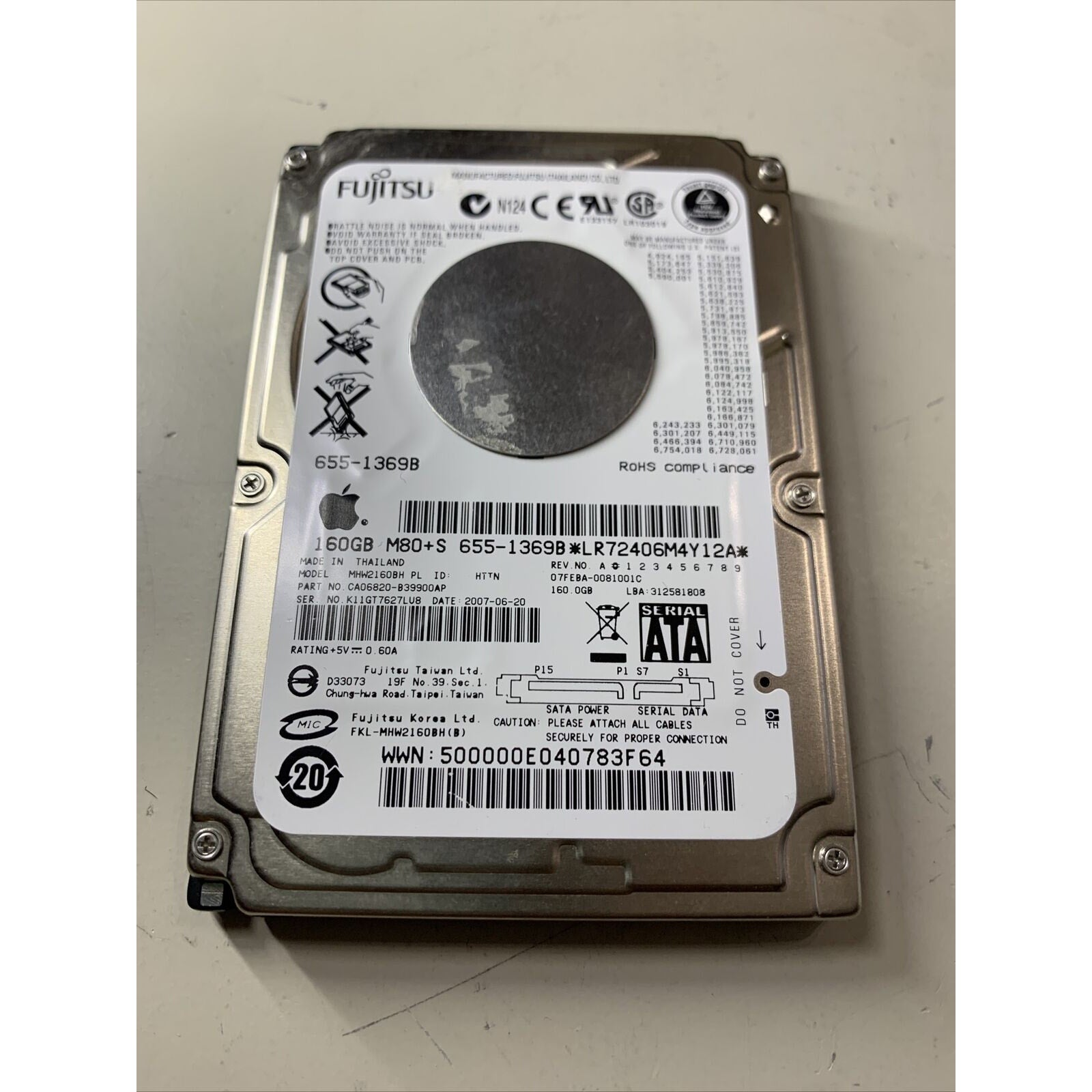 Fujitsu MHW2160BH PL 160GB 2.5" SATA Apple HDD 655-1369B 07FD9A CA06820-B39900AP