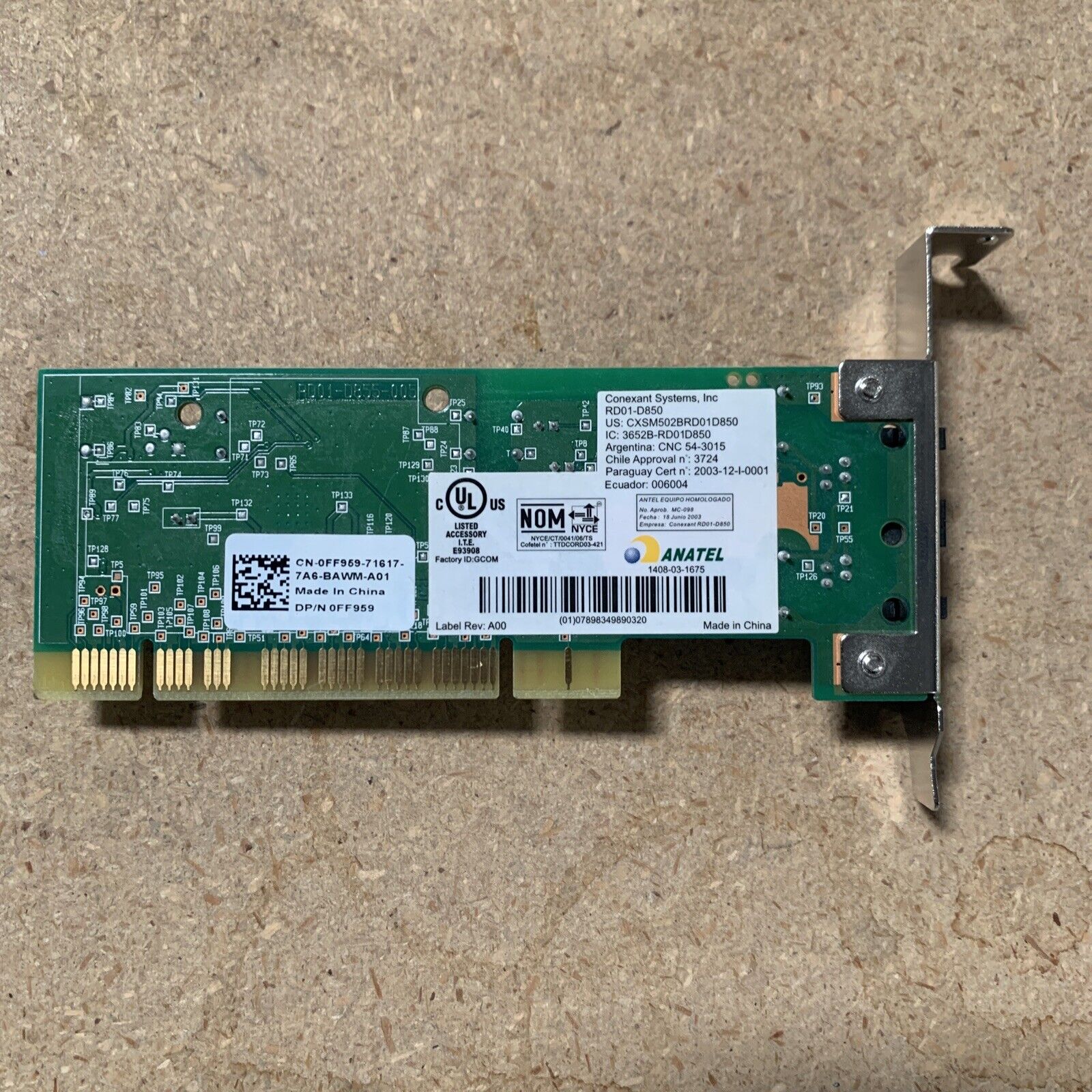 Dell Conexant 56K V.92 data PCI modem RD01-D850 FF959 - Low Profile Bracket Only