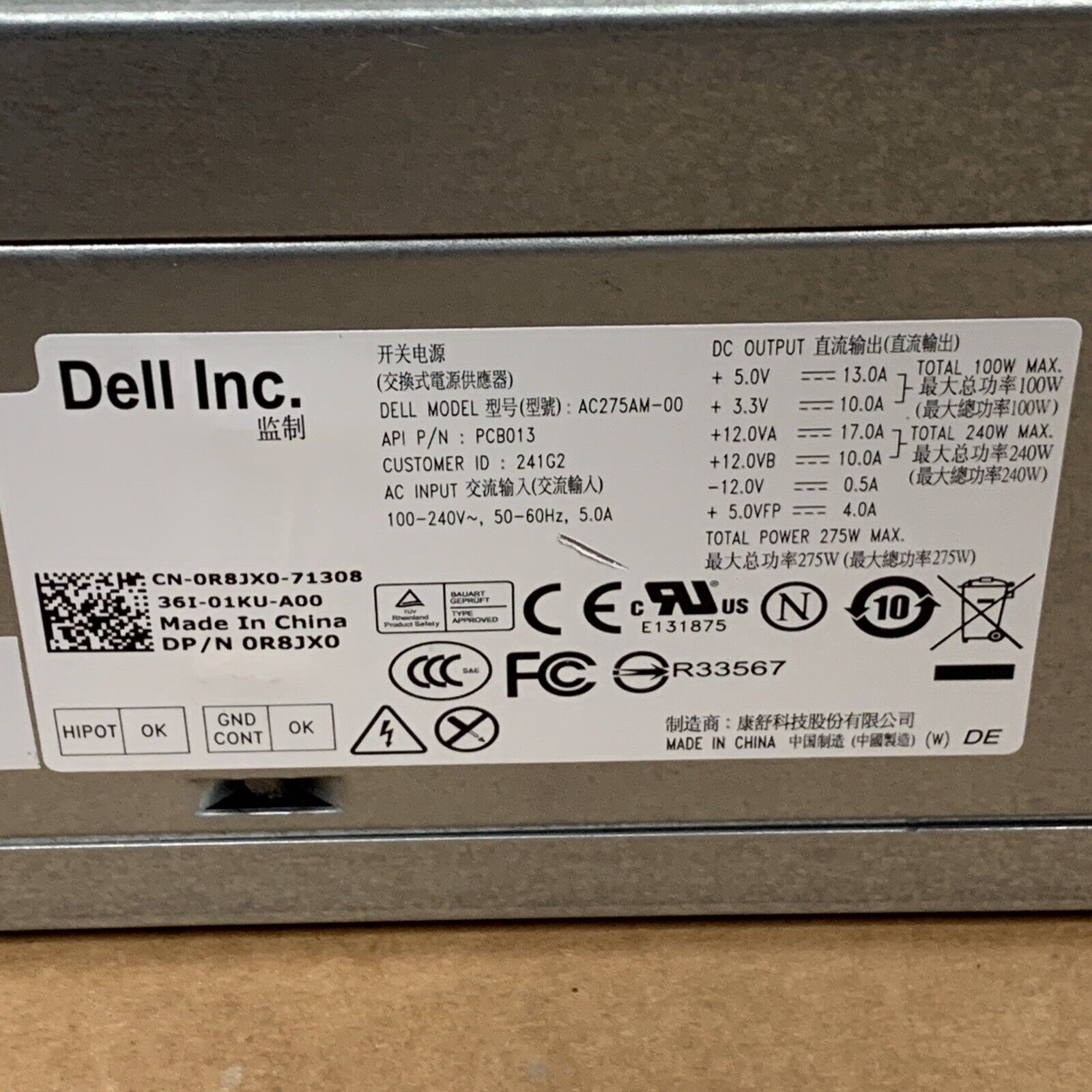 Dell Optiplex 3010 7010 9010 AC275AM-00 Power Supply 275W 0R8JX0 - Used Tested