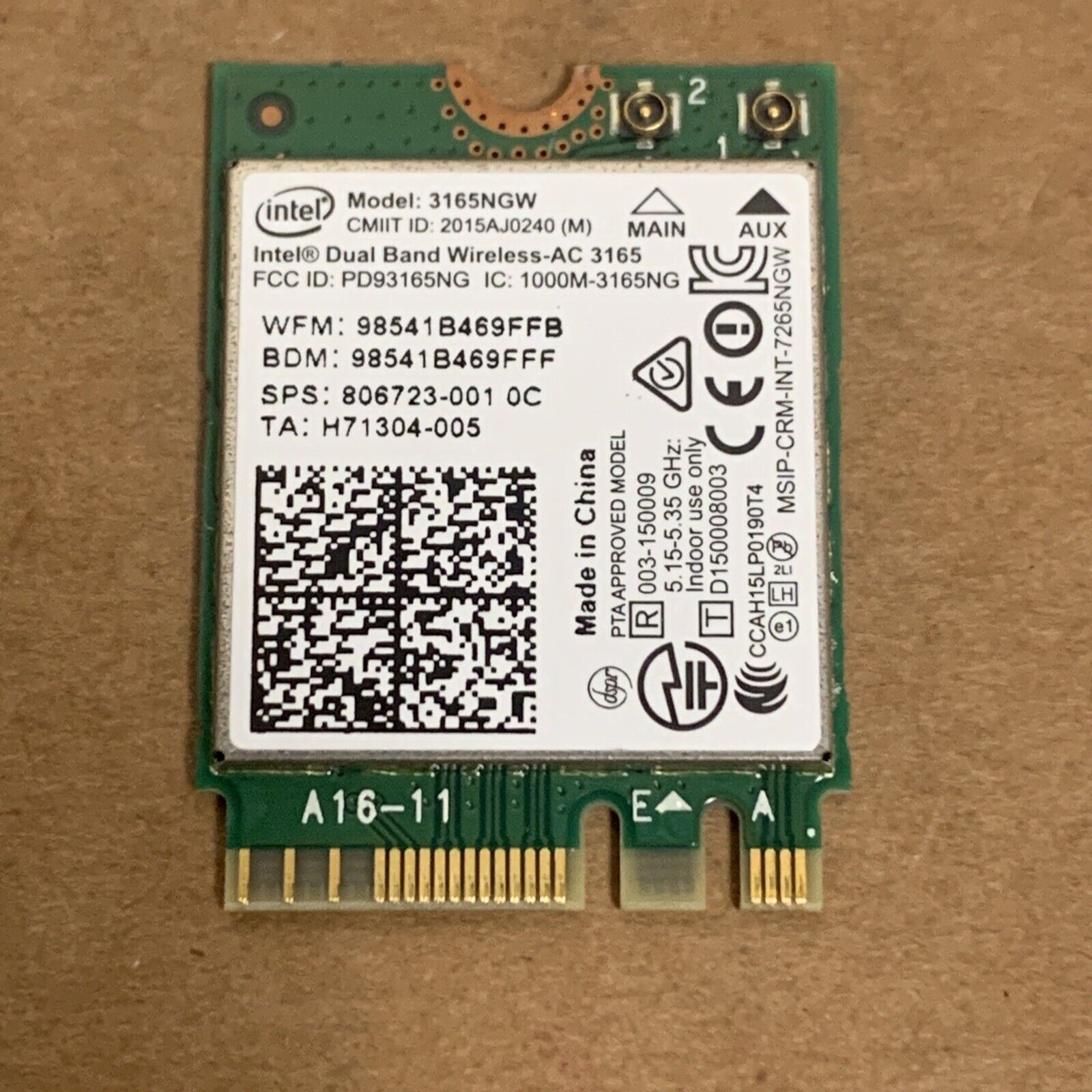 Intel Dual Band Wireless-AC 3165 3165NGW Bluetooth WiFi Card Wlan 806723–001