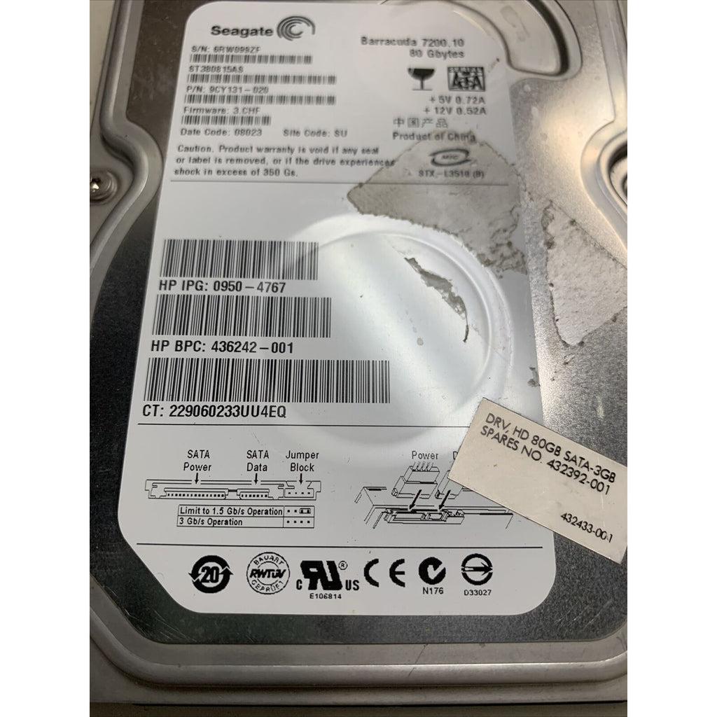 HP 432392-001 Seagate 9CY131-020 80GB 7200RPM SATA-2 8MB Cache 3.5" Hard Drive