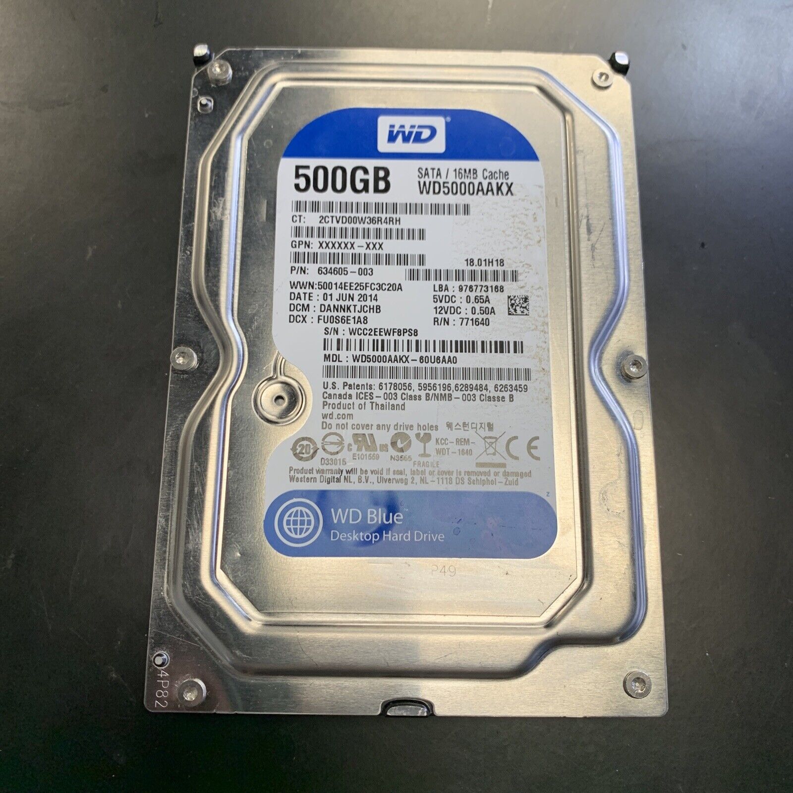 WD WD5000AAKX-60U6AA0 500GB 7.2k SATA 6Gbps 16MB Cache 3.5" HDD P/N: 634605-003