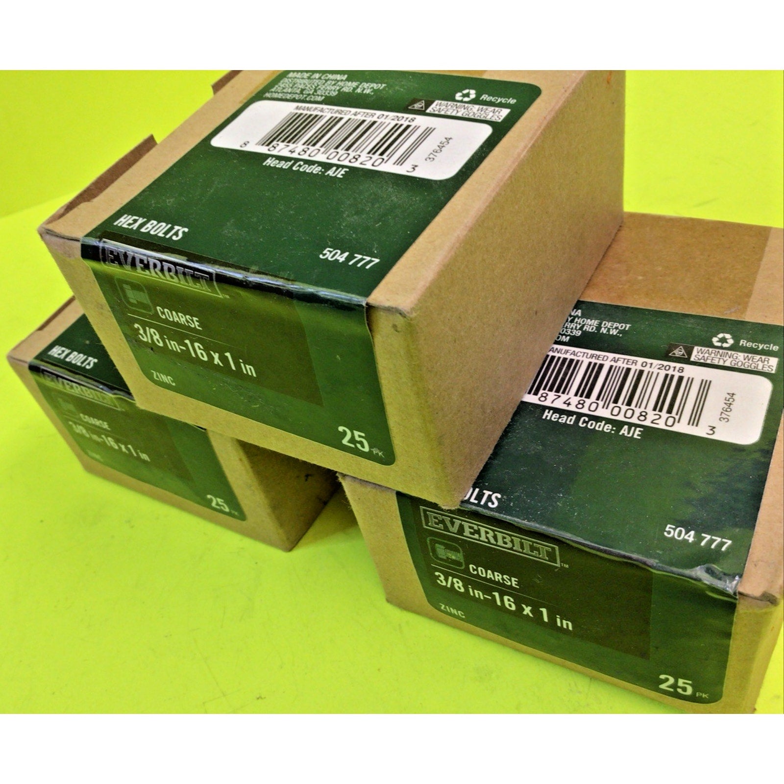 3 Pack of Everbilt Hex Bolts 3/8"-16 x 1" 25 Piece Box