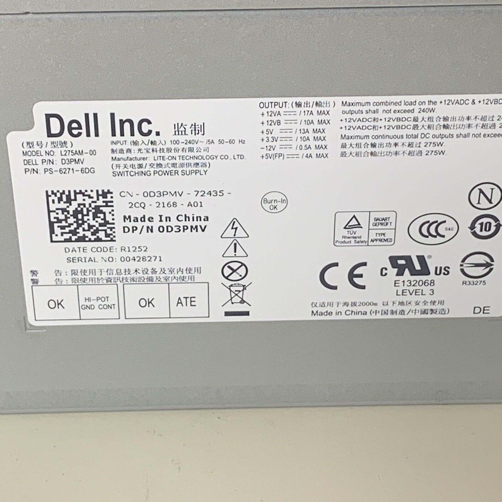 Dell Optiplex 275W PSU 390 3010 7010 9010 L275AM-00 D3PMV 0D3PMV PS-6271-6DG