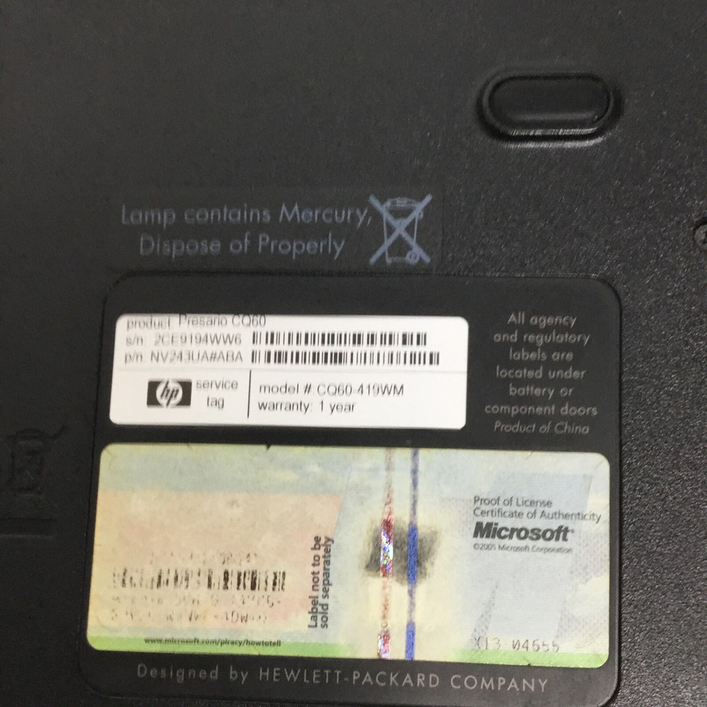 Compaq Presario CQ60-419WM, AMD Sempron @2.1GHz, 3GB RAM, No HDD/OS, Read