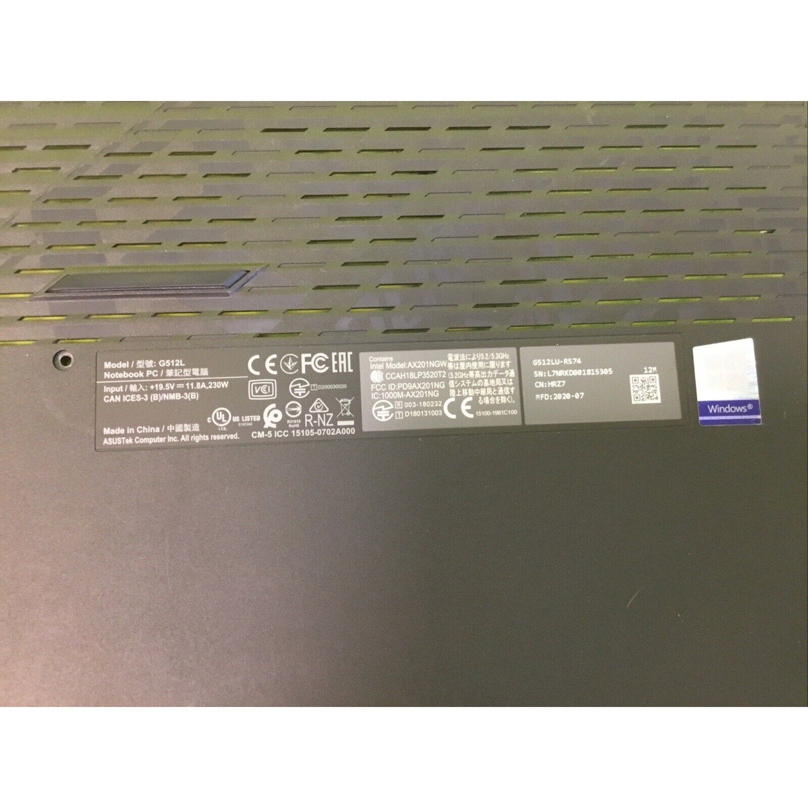 Asus Rog Strix G512LU-RS74 Bottom Cover