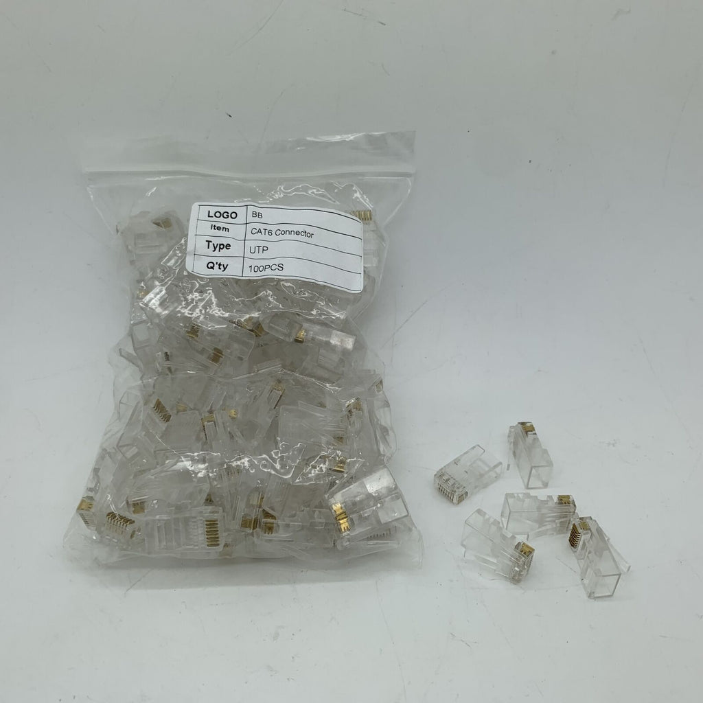 100 Pack of RJ45 Ethernet Connectors - Modular 8-Conductor Ends for Cat6