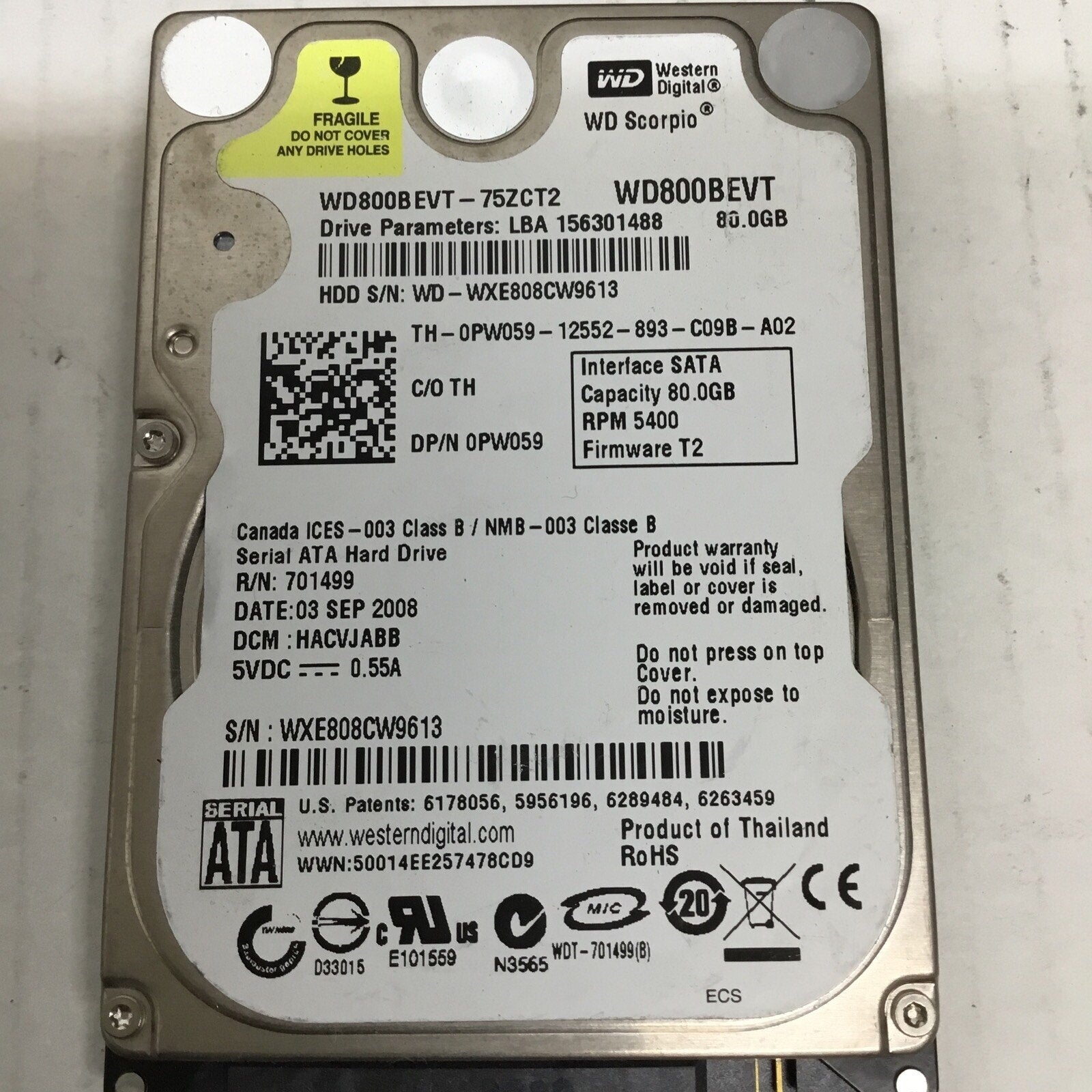 WD Scorpio Western Digital Dell 80GB 2.5" 5400 RPM WD800BEVT Hard Drive