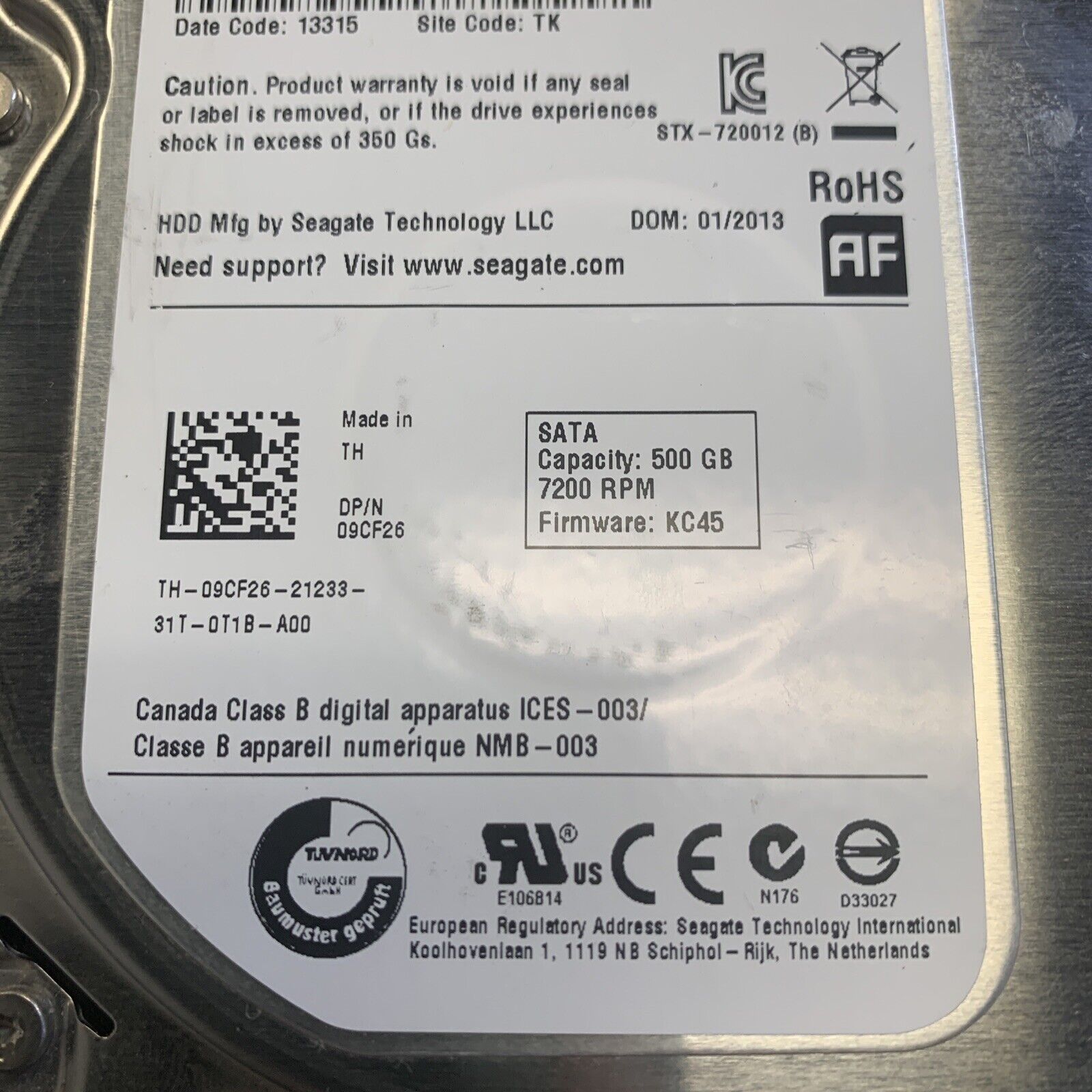 Seagate ST500DM002 500GB 3.5" SATA HDD Hard Drive FW: KC45 Dell P/N: 09CF26