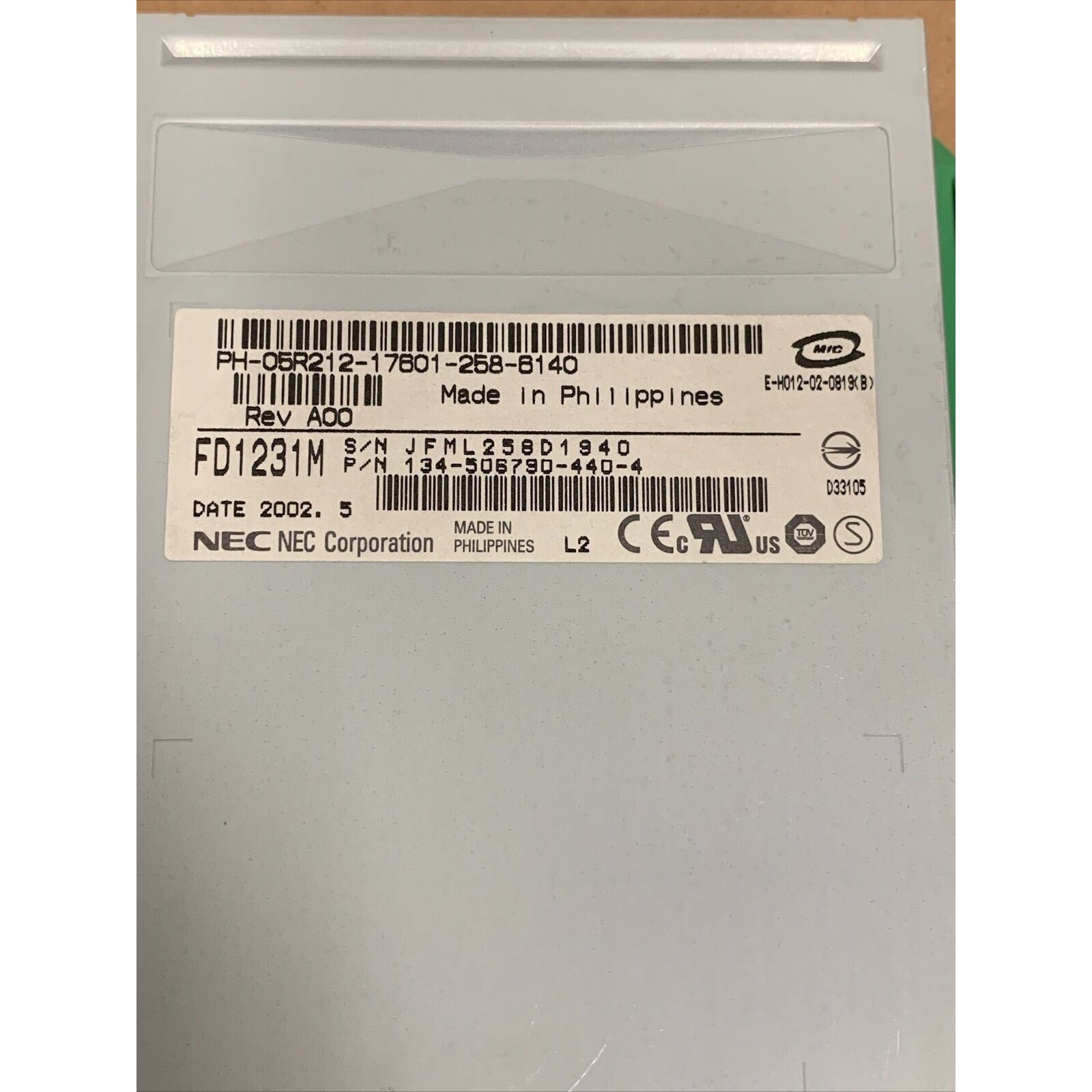 Dell 5R212 W7374 NEC FD1231M Internal 3.5" Floppy Drive With Green Rails