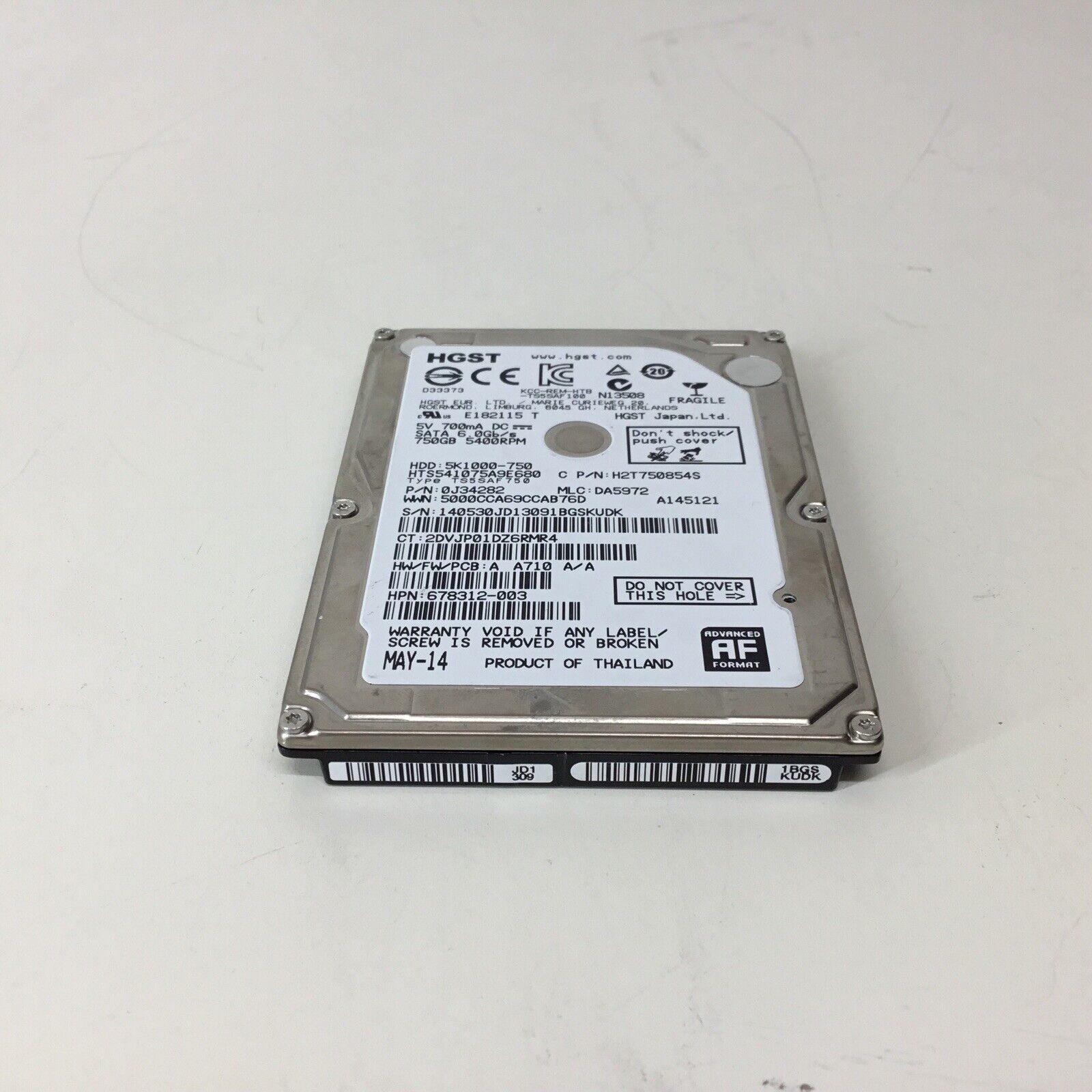 HGST HTS541075A9E680 0J34282 750GB 5400RPM SATA 6.0Gb/s HDD - For Parts