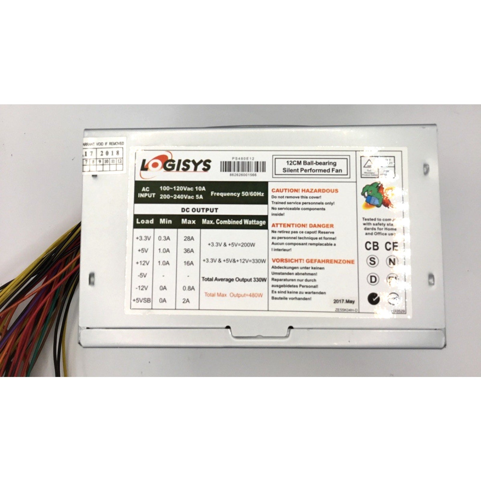 Logisys 480W 12CM Ball-bearing Silent Performed Fan PS480E12 ATX Power Supply.