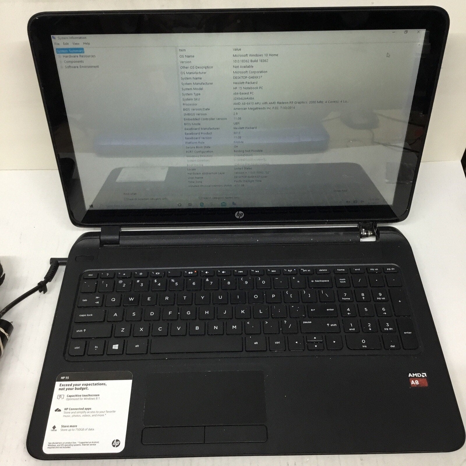 HP 15-F014WM 15.6" AMD A8-6410 4GB Ram No Adapter Bad Battery 640GB Parts Only