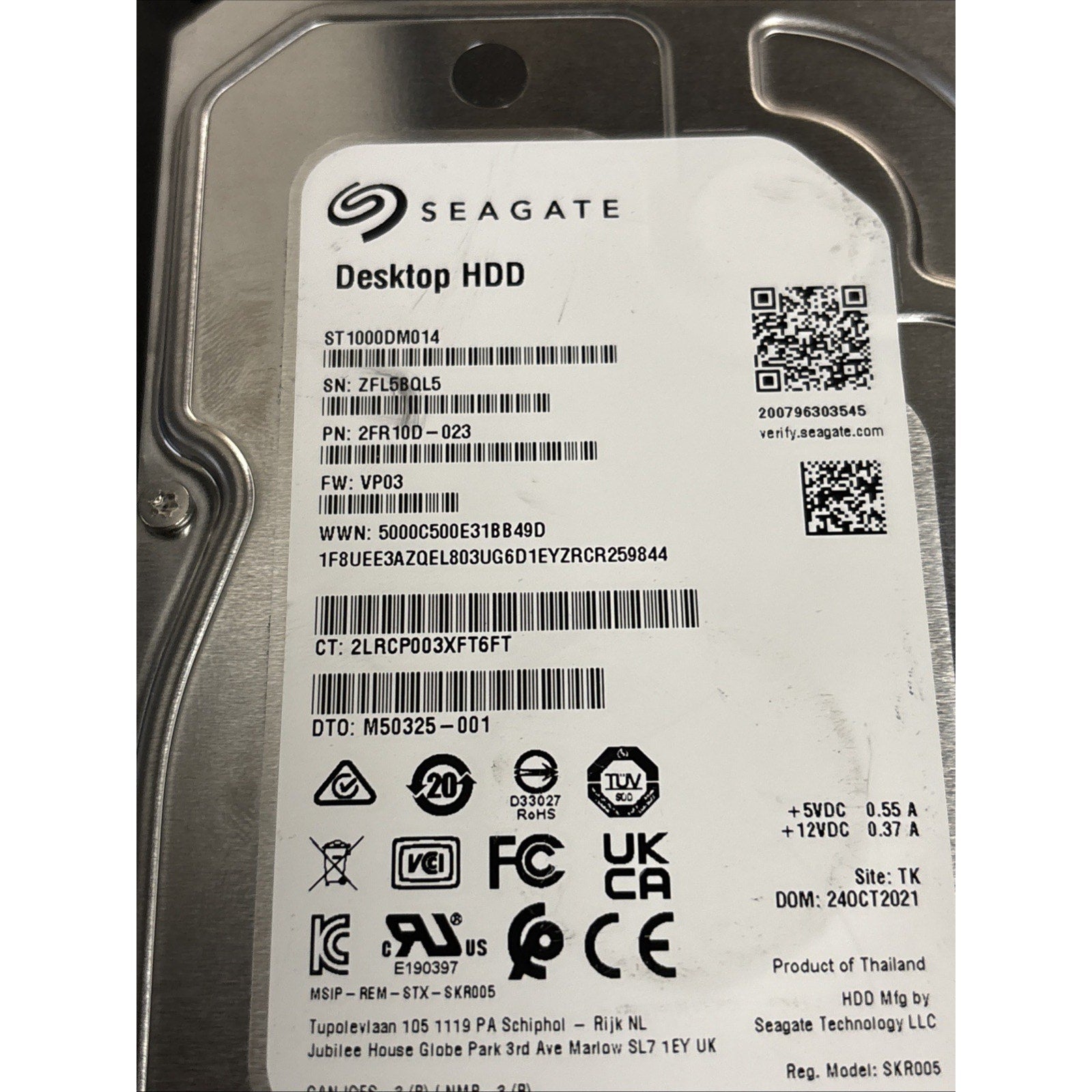 Seagate BarraCuda 1TB 3.5" 7200rpm Hard Drive ST1000DM014 2FR10D-023 FW VP03