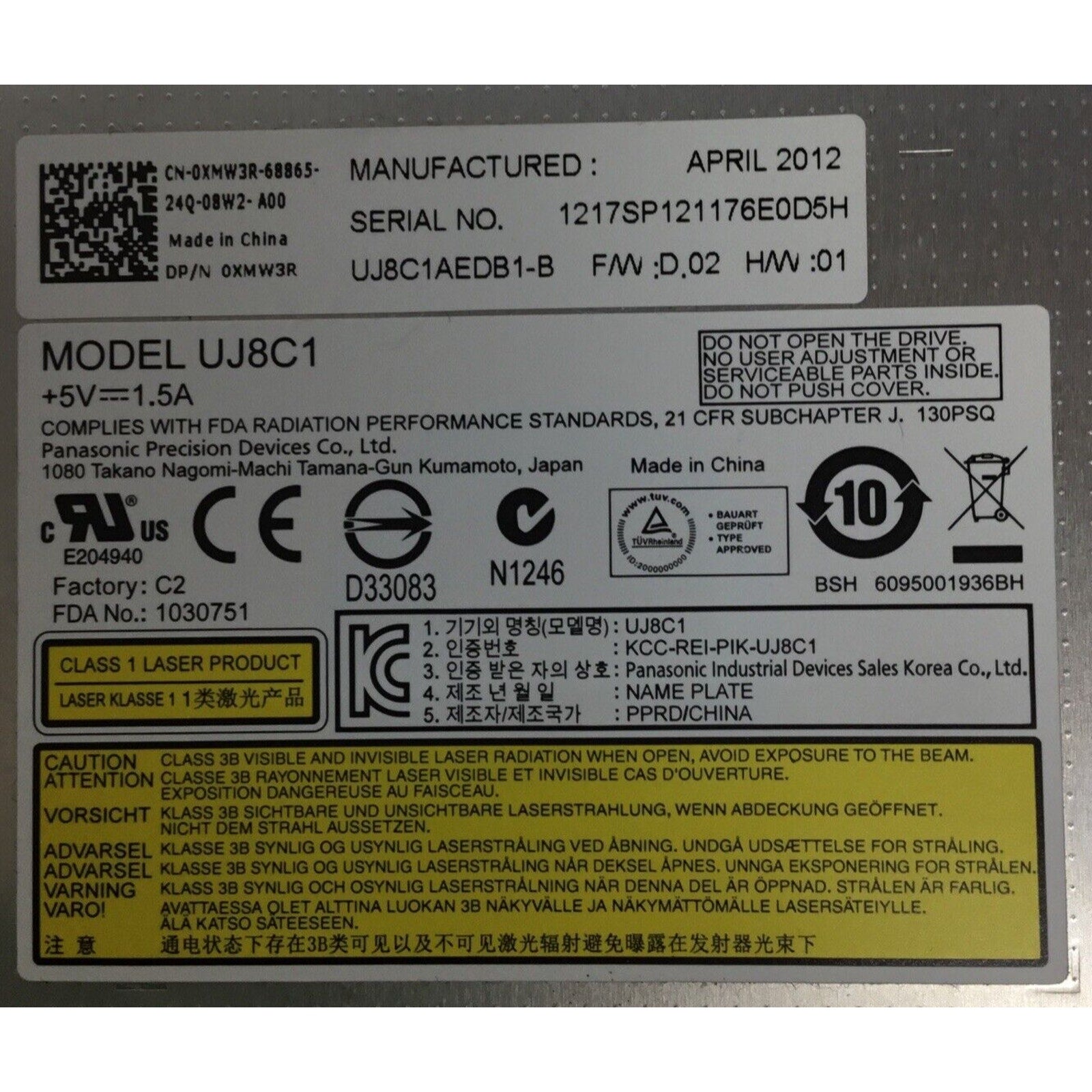 Dell Inspiron Laptop n5050 DVD-RW SATA Optical Disk Drive 0XMW3R UJ8C1