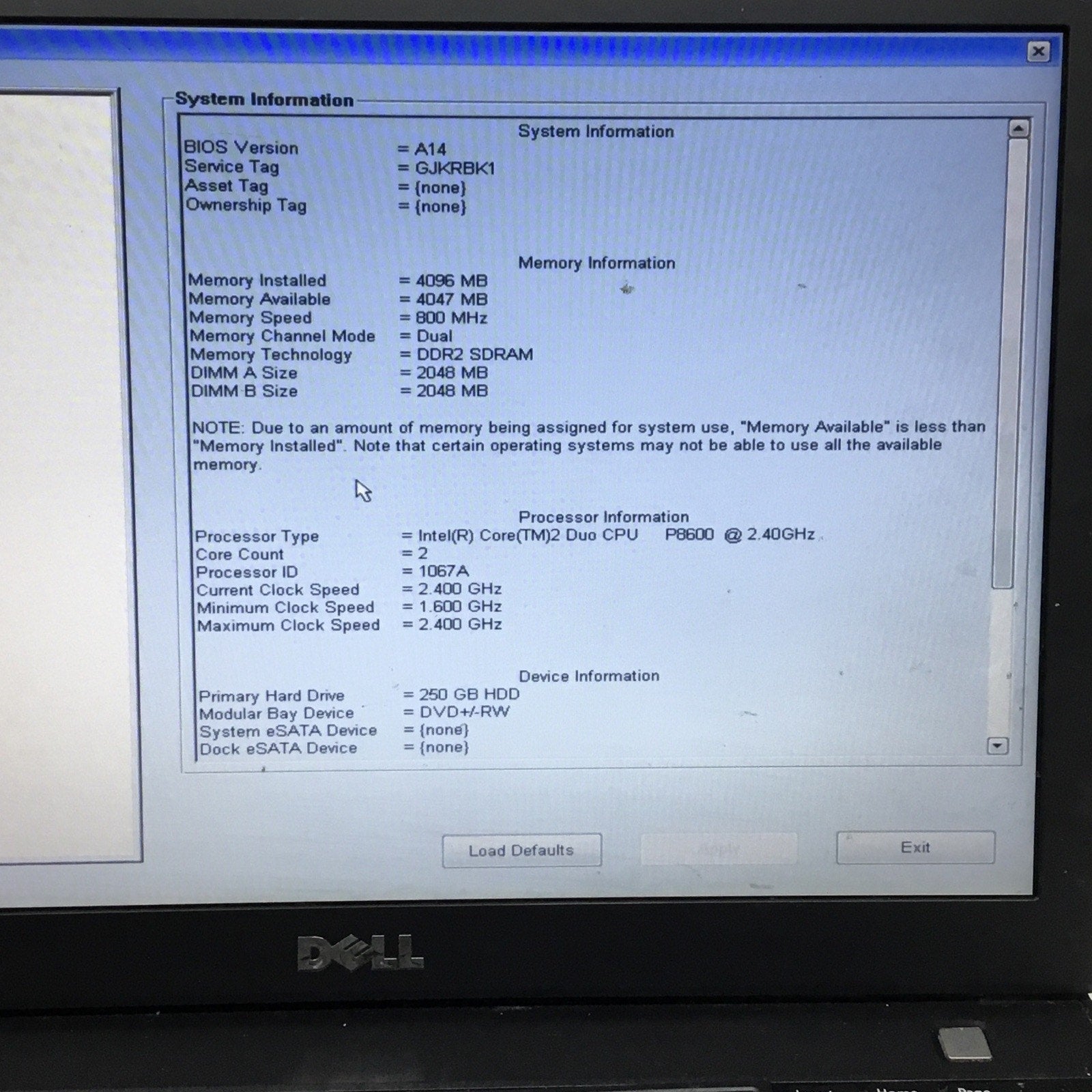 For Parts Dell Latitude E6400 Intel Core 2 Duo P8600 2.40GHz 2 GB READ DESC