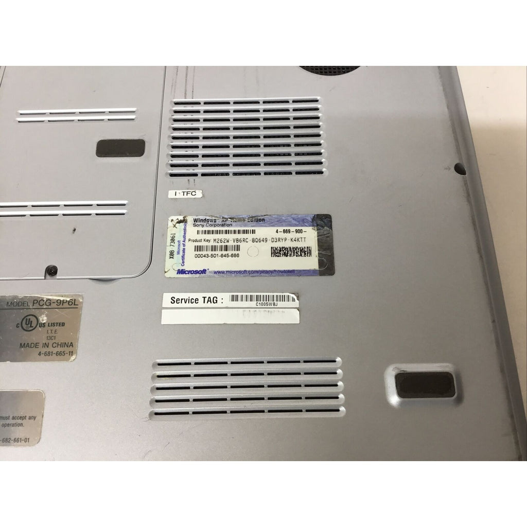 Sony Vaio Notebook Computer PCG-9P6L -Not Tested, For Parts