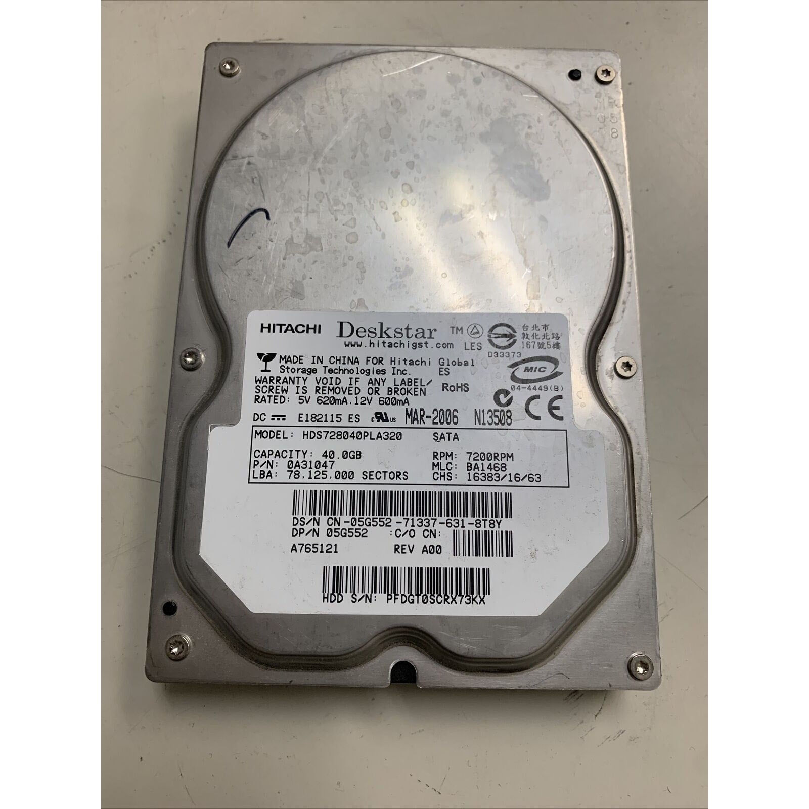 Hitachi HDS728040PLA320 40GB 3.5” SATA Desktop Hard Drive P/N: 0A31047