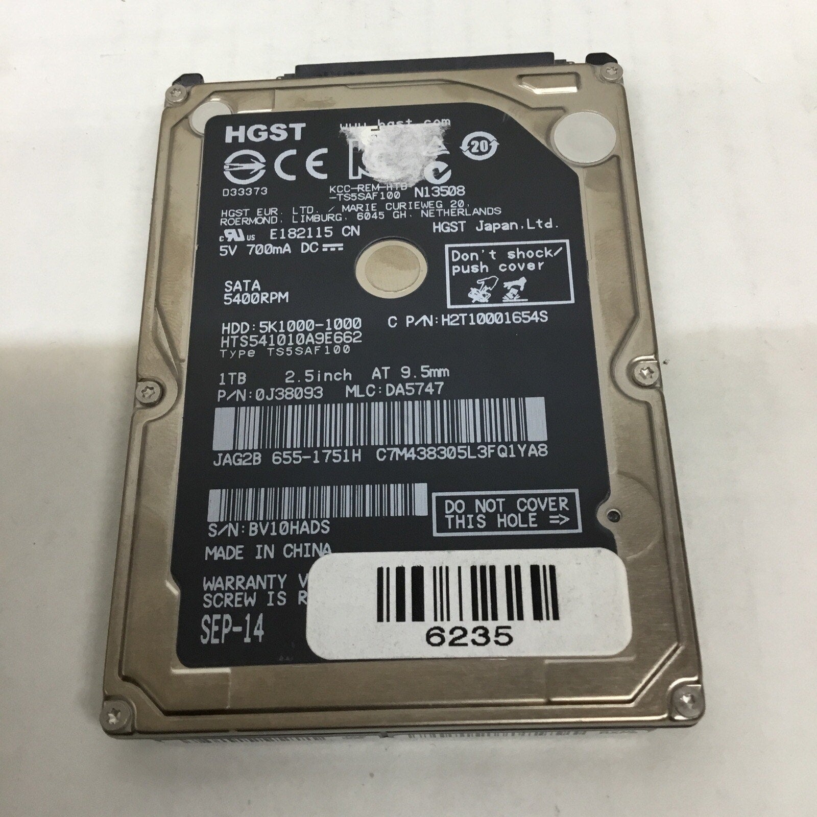 Hitachi HTS541010A9E662 TS5SAF100 H2T10001654S 1TB 2.5" Sata HDD
