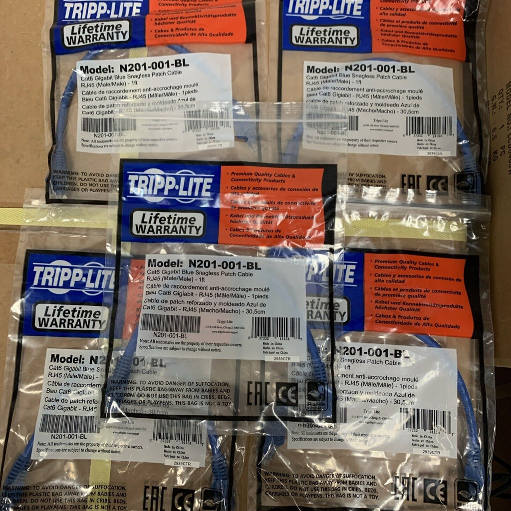 5-Pack LOT Of Tripp Lite 1ft Cat6 RJ45 Gigabit Ethernet Patch Cable - Blue
