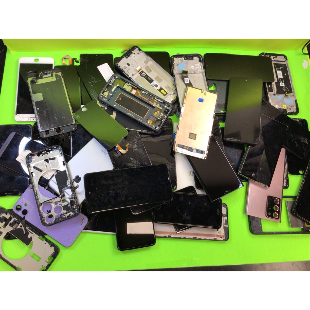 49 Pieces Unsorted Phone Screens Frames and Back Glass FOR PARTS or RECYCLING
